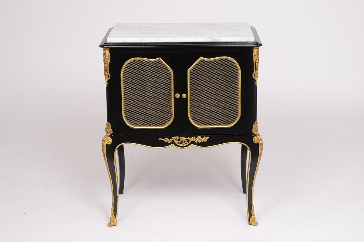 Carved Pair of French Louis XVI Style Ebonized Nightstands