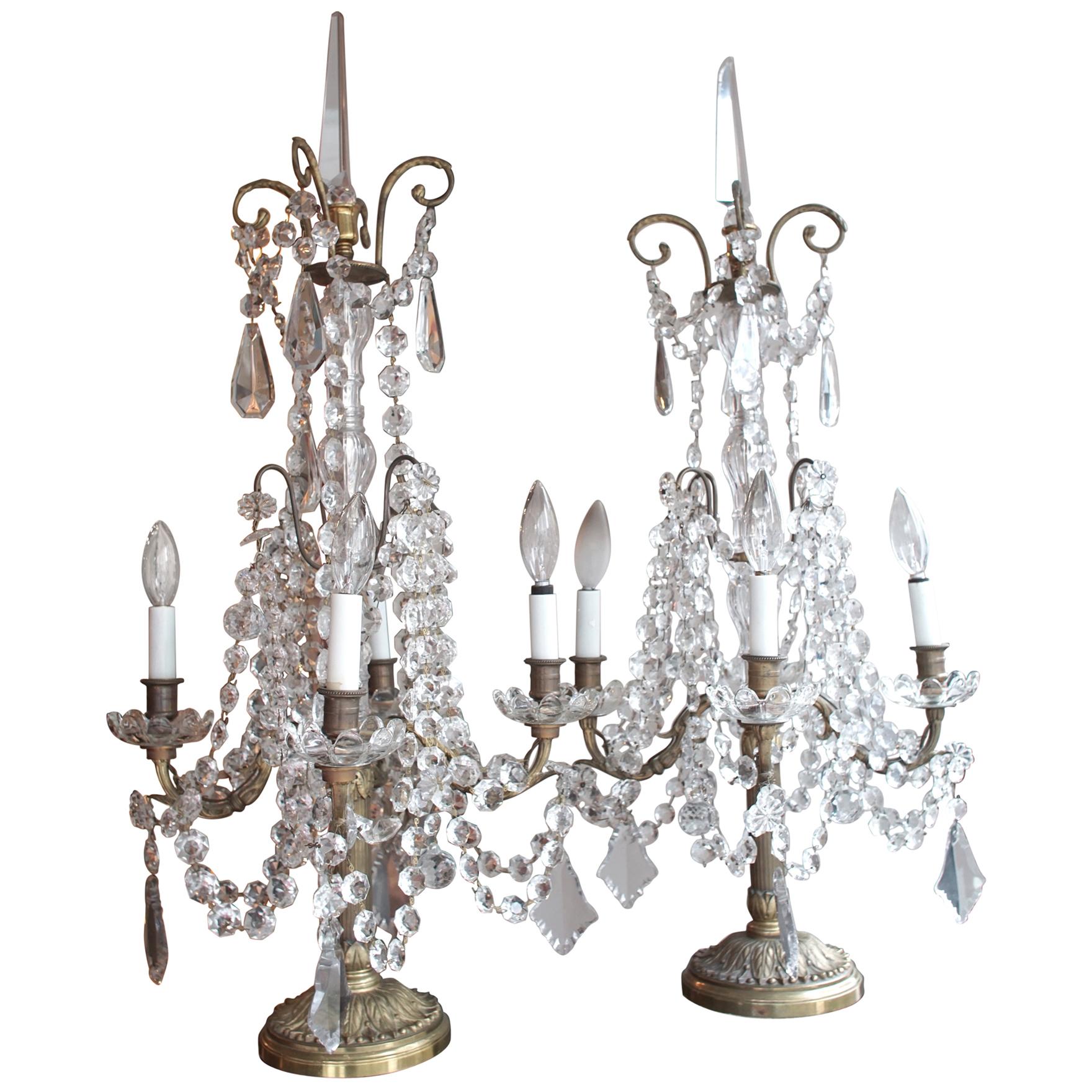 Pair of Louis XVI Style Electrified Candelabra Bronze and Cristal Girandoles