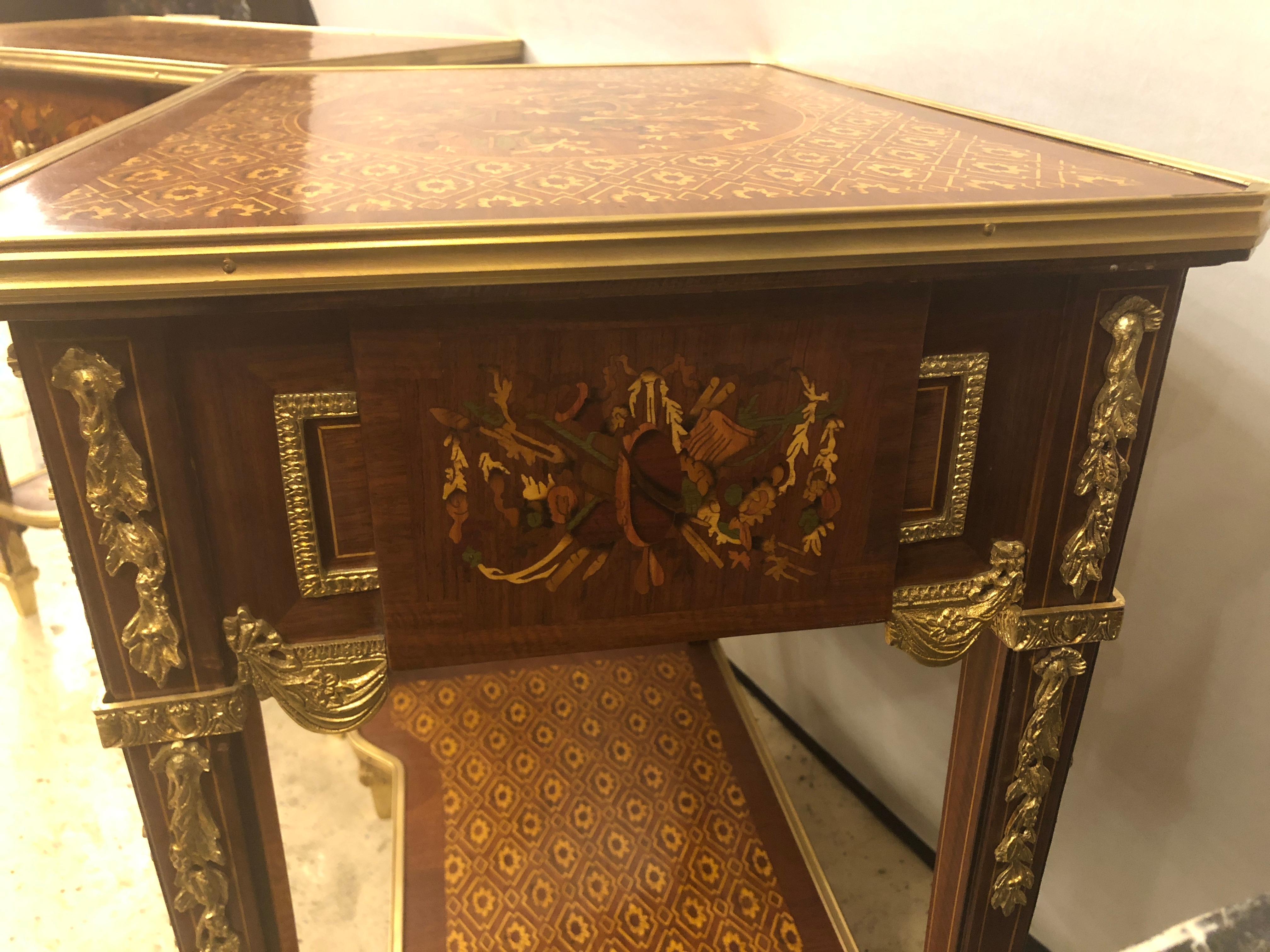 Pair of Louis XVI Style End or Lamp Tables with Bronze Mounts and Inlaid 5