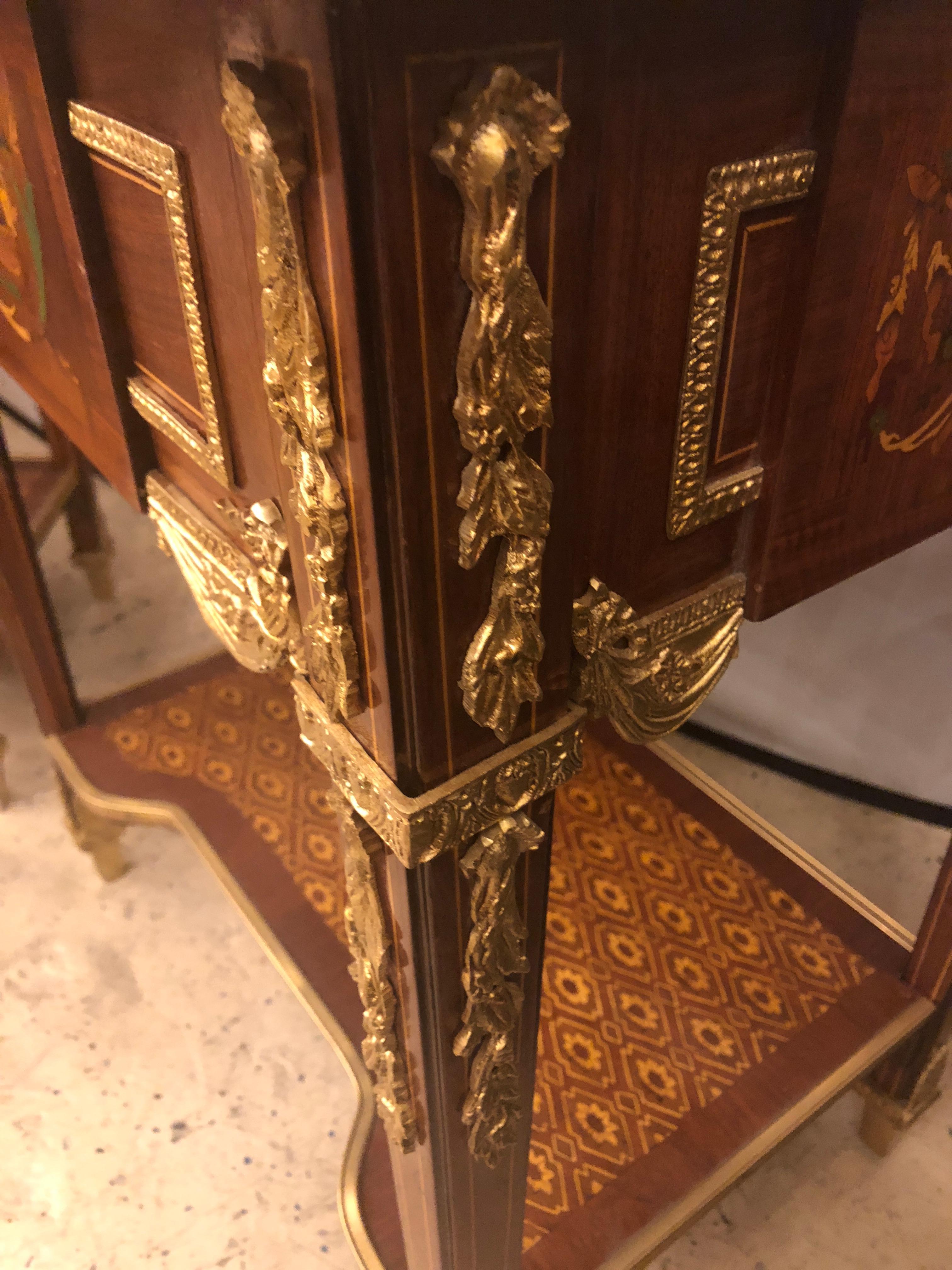 Pair of Louis XVI Style End or Lamp Tables with Bronze Mounts and Inlaid 7