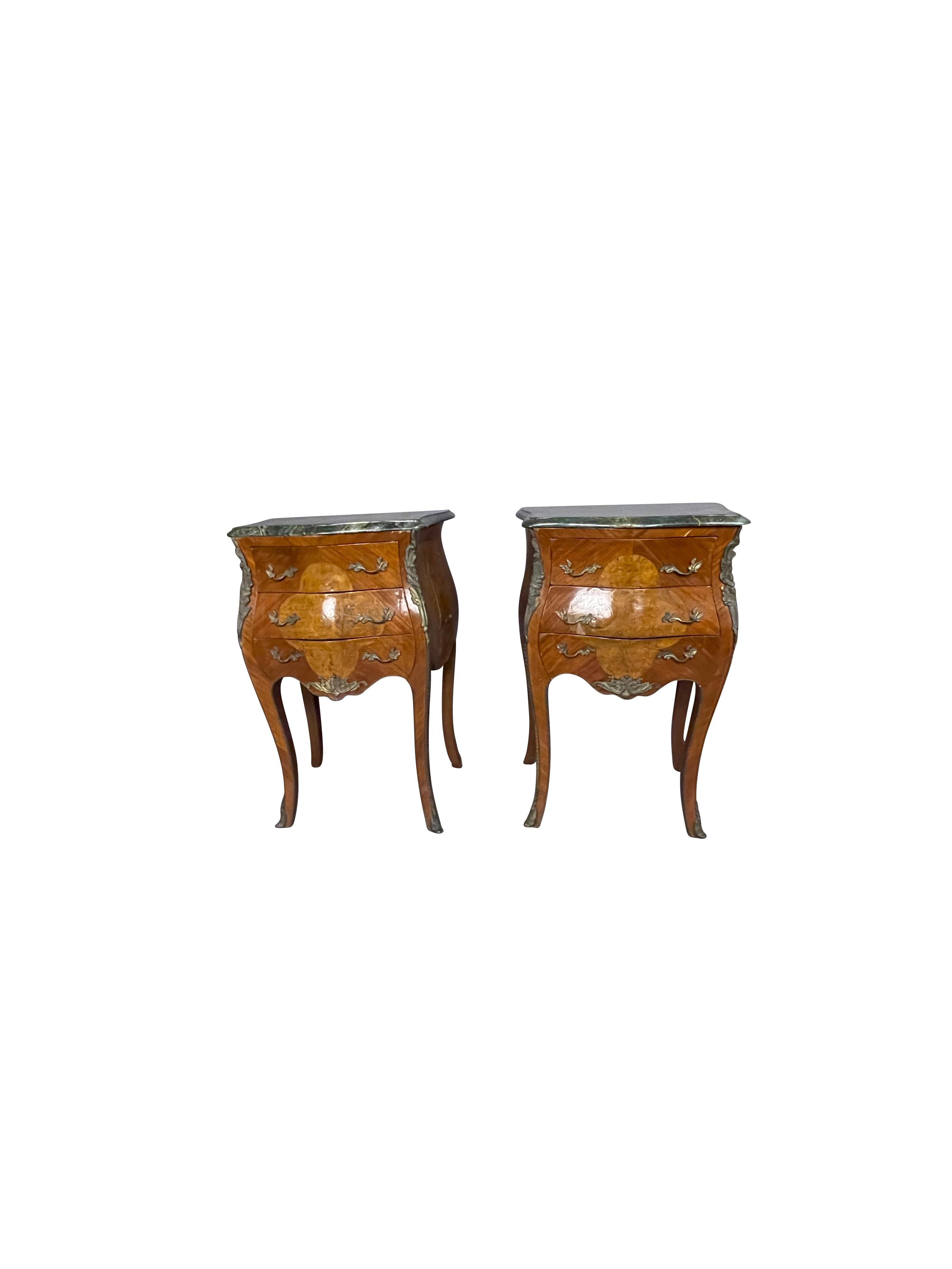 American Pair of Louis XVI Style End Tables with Ormolu Trim and Green Marble Tops