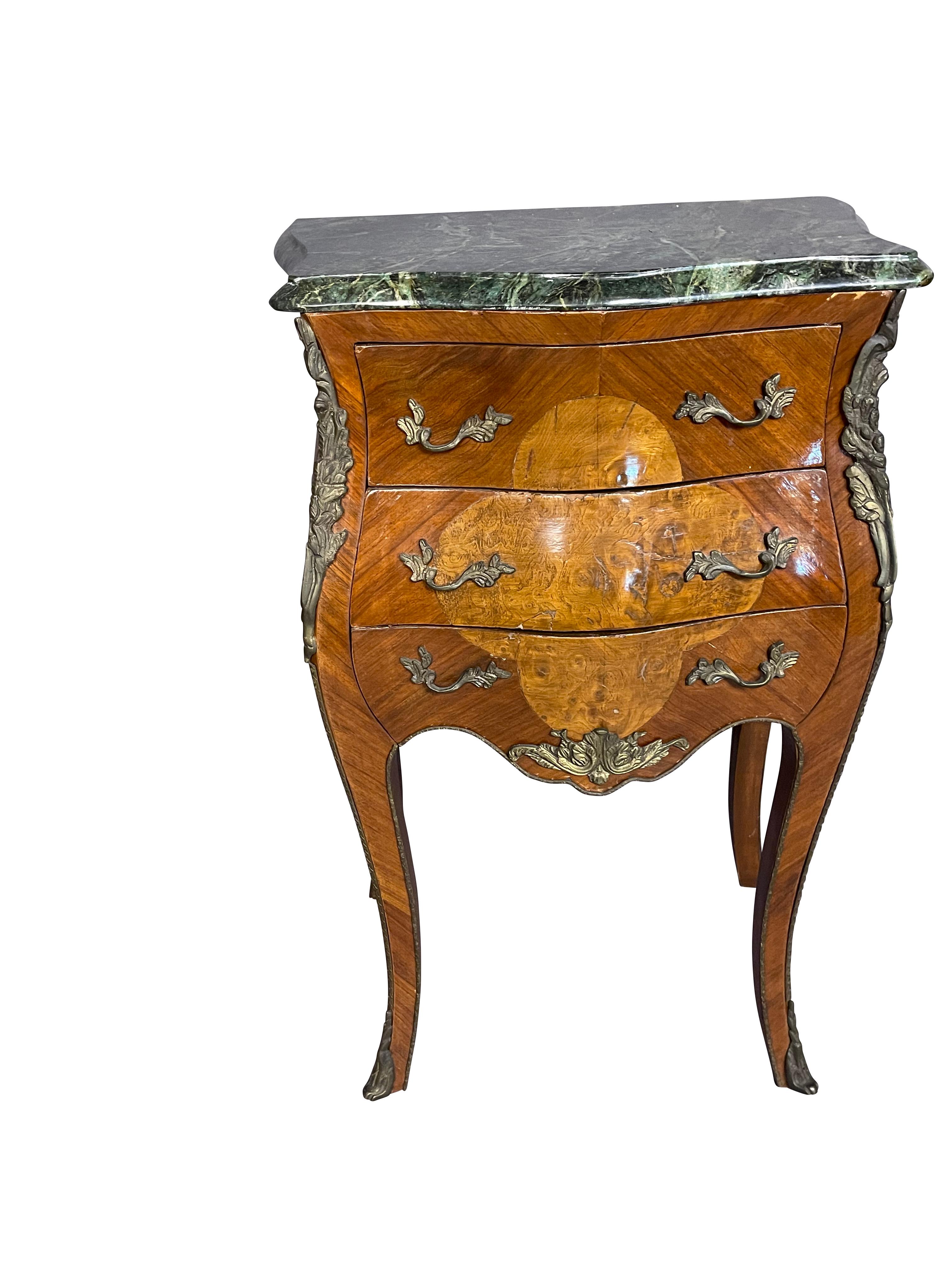 Hand-Crafted Pair of Louis XVI Style End Tables with Ormolu Trim and Green Marble Tops