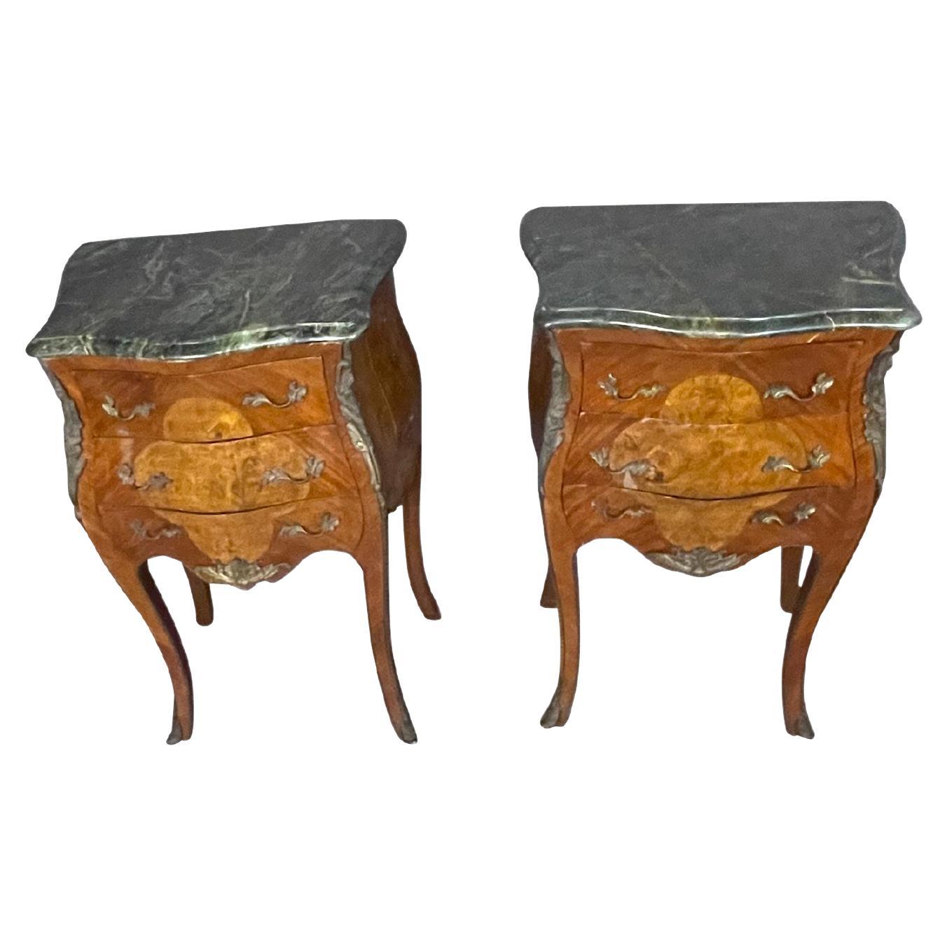 French Louis XV Style End Tables With Ormolu Trim and Green Marble Tops, a Pair For Sale at 1stDibs