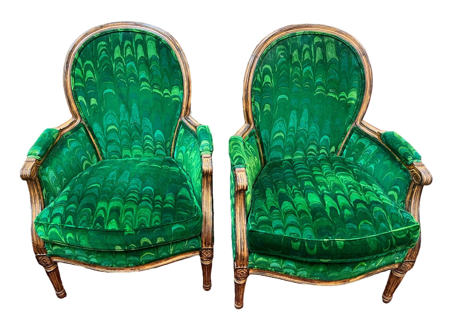 Pair of Louis XVI Style Fauteuil Arm Chairs by Lewis Mittman  In Good Condition In Palm Beach Gardens, FL