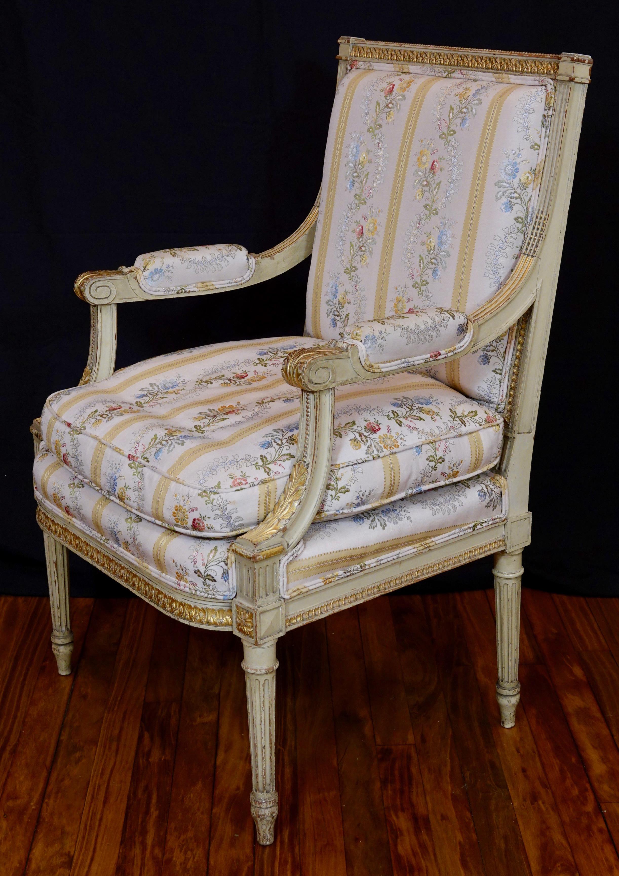 Pair of Louis XVI Style Fauteuils or Armchairs with Silk Lampas Fabric For Sale 6
