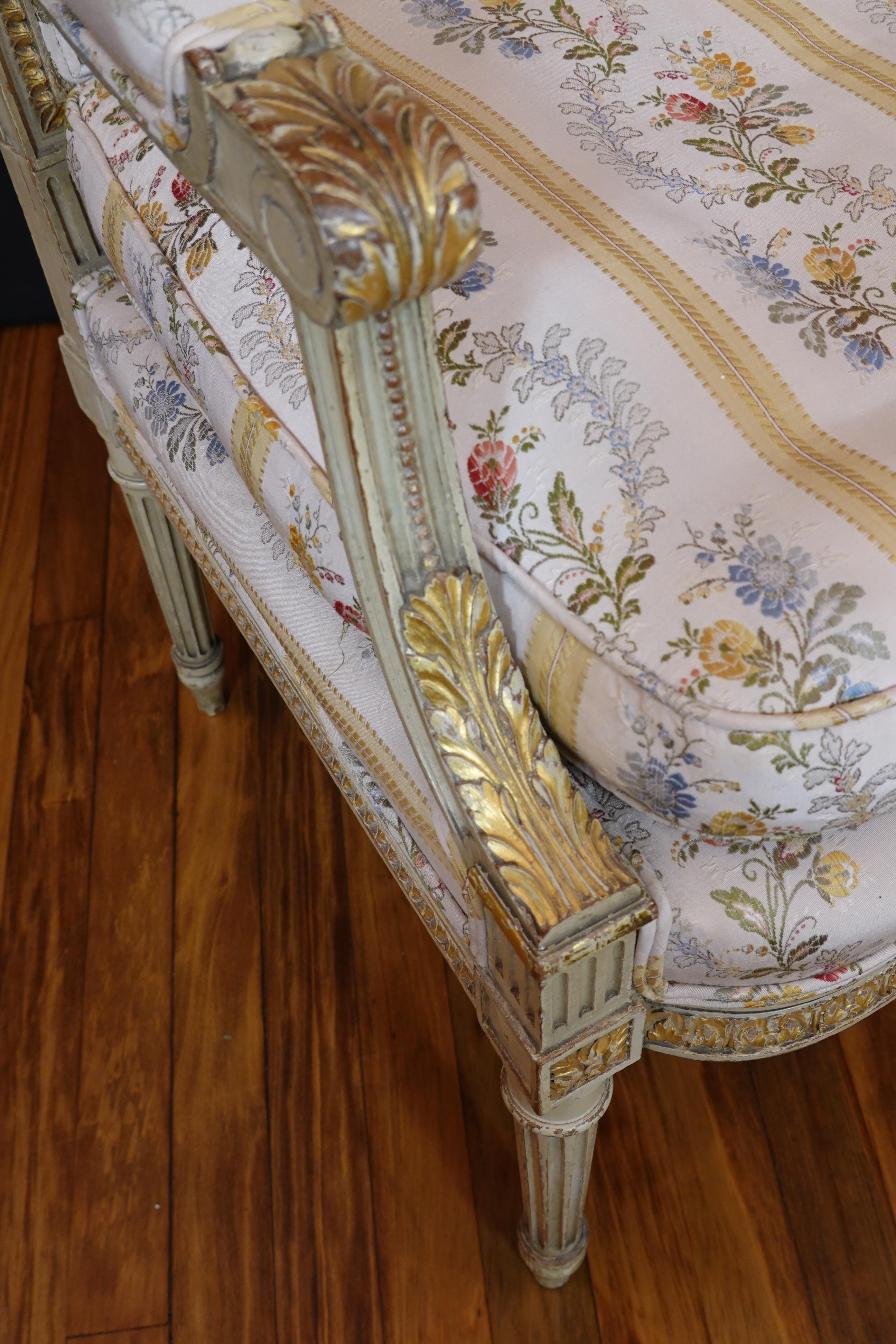 Pair of Louis XVI Style Fauteuils or Armchairs with Silk Lampas Fabric For Sale 8