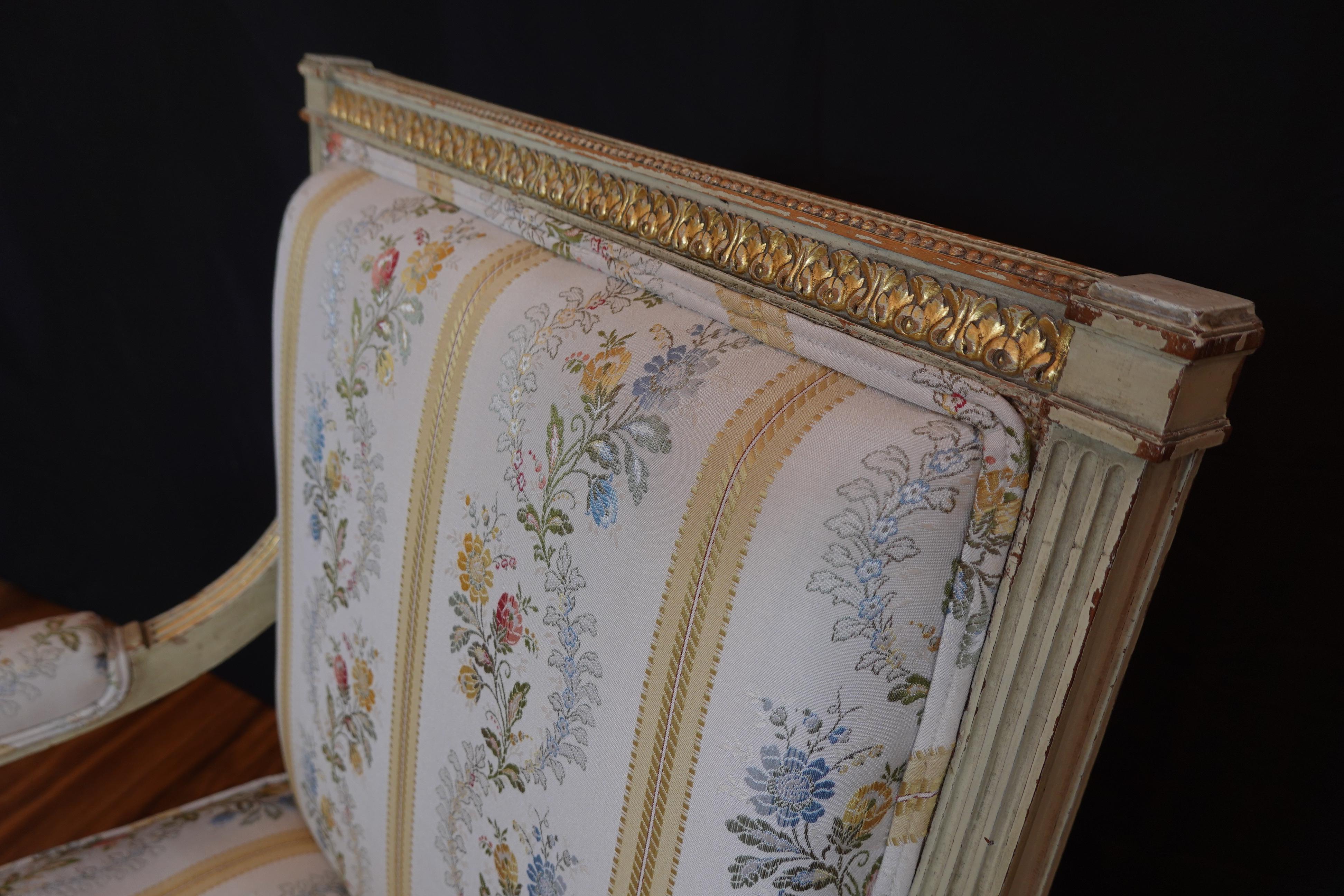 Pair of Louis XVI Style Fauteuils or Armchairs with Silk Lampas Fabric For Sale 10