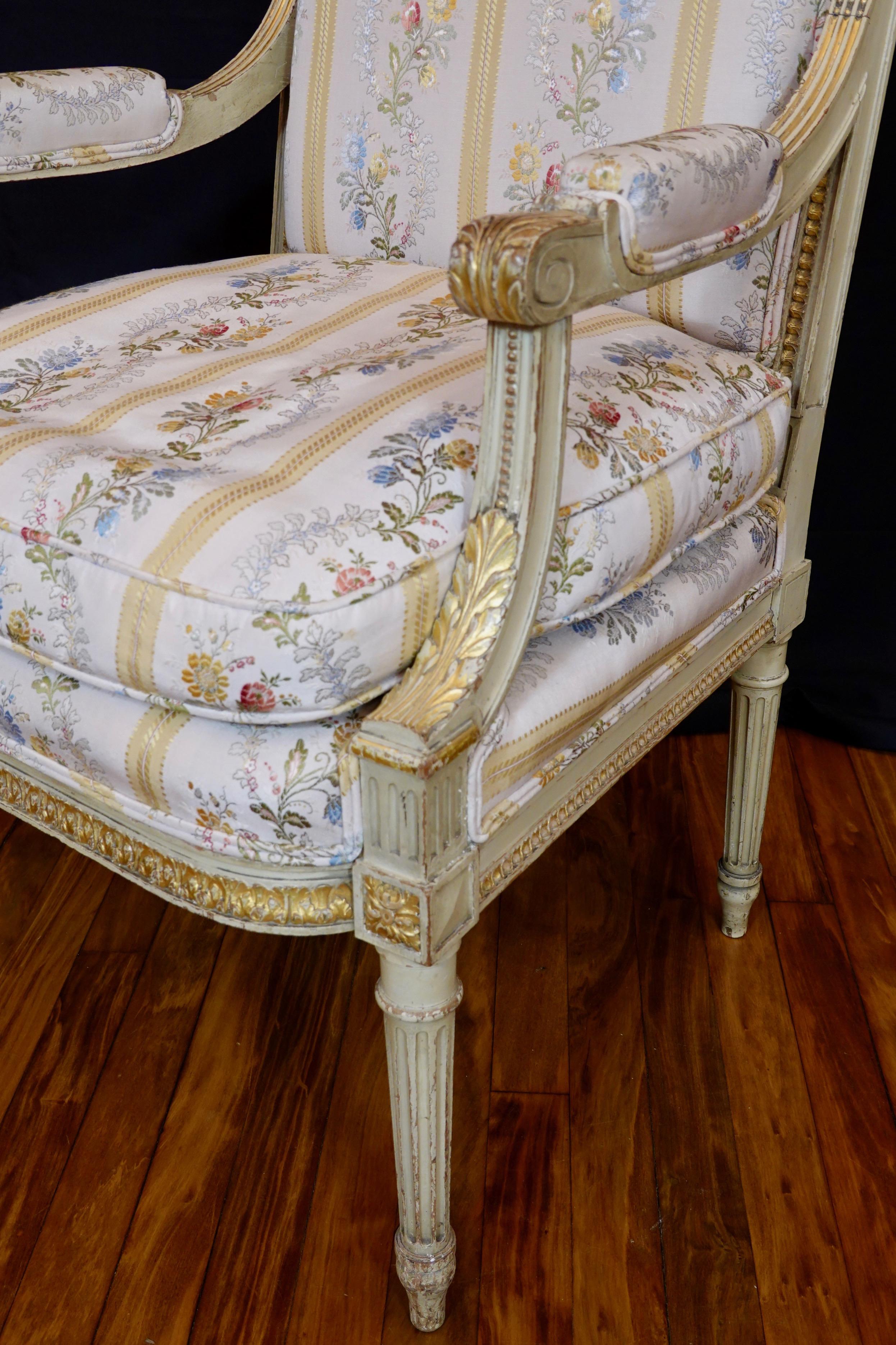 Pair of Louis XVI Style Fauteuils or Armchairs with Silk Lampas Fabric For Sale 11