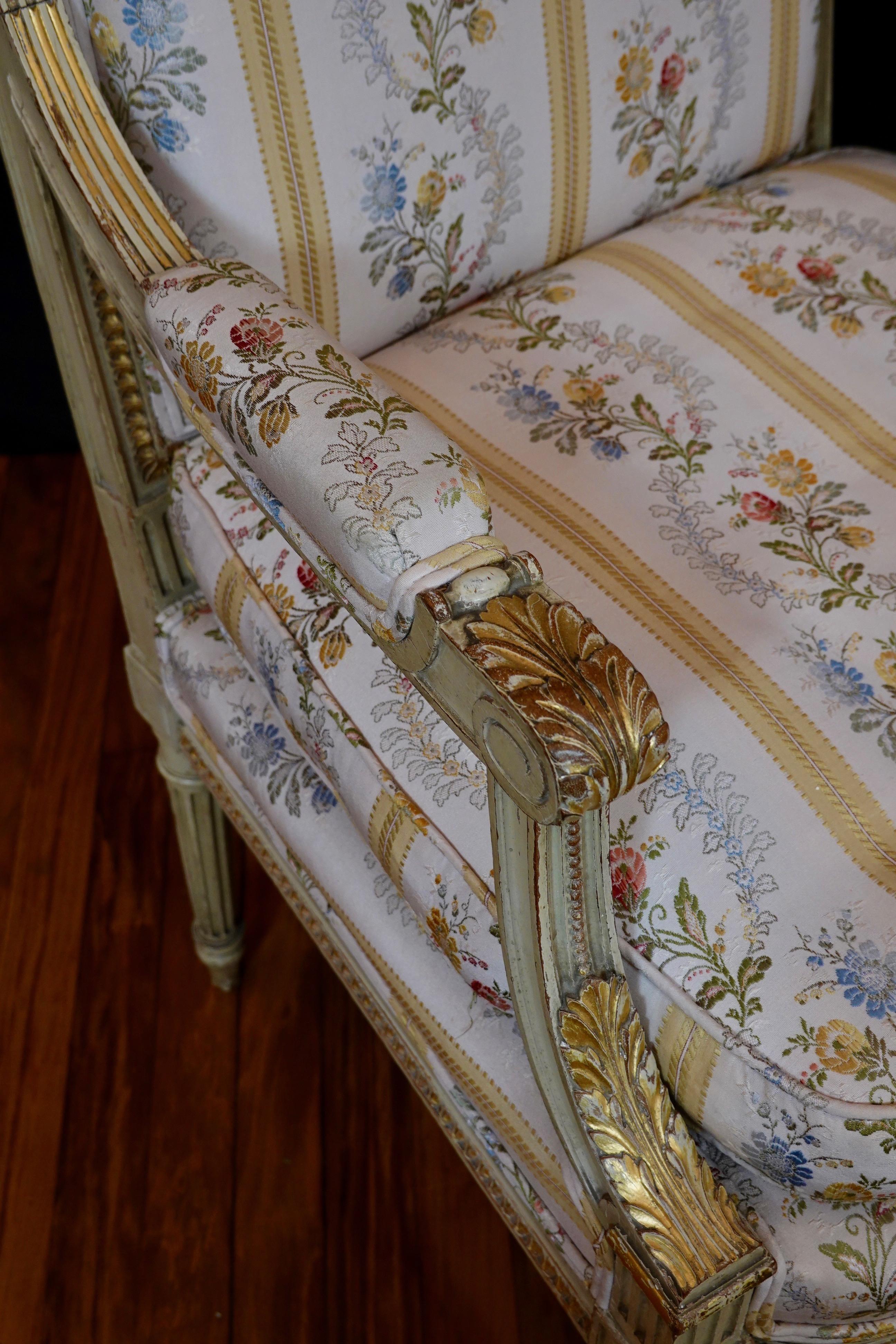 Pair of Louis XVI Style Fauteuils or Armchairs with Silk Lampas Fabric For Sale 13