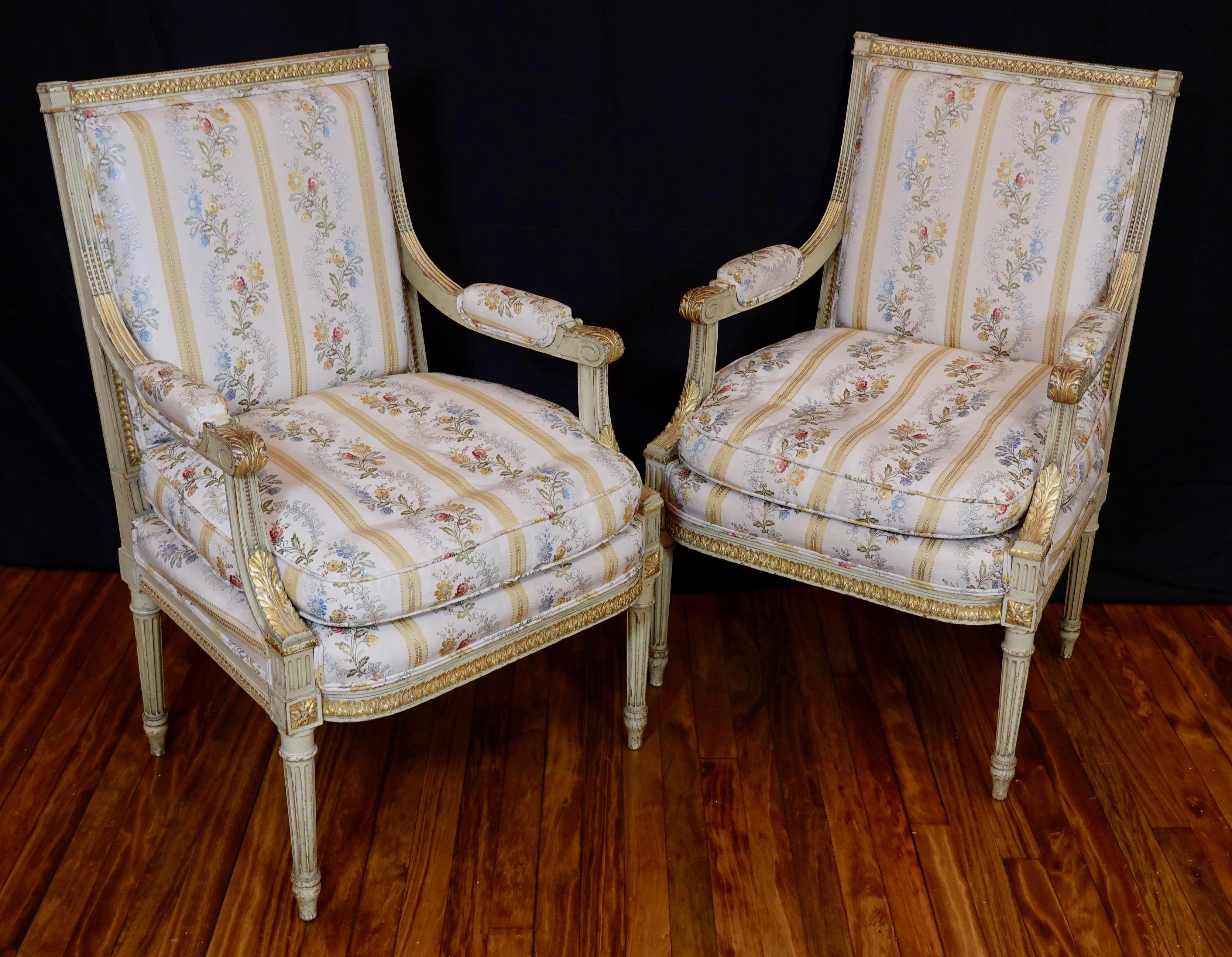 French Pair of Louis XVI Style Fauteuils or Armchairs with Silk Lampas Fabric For Sale