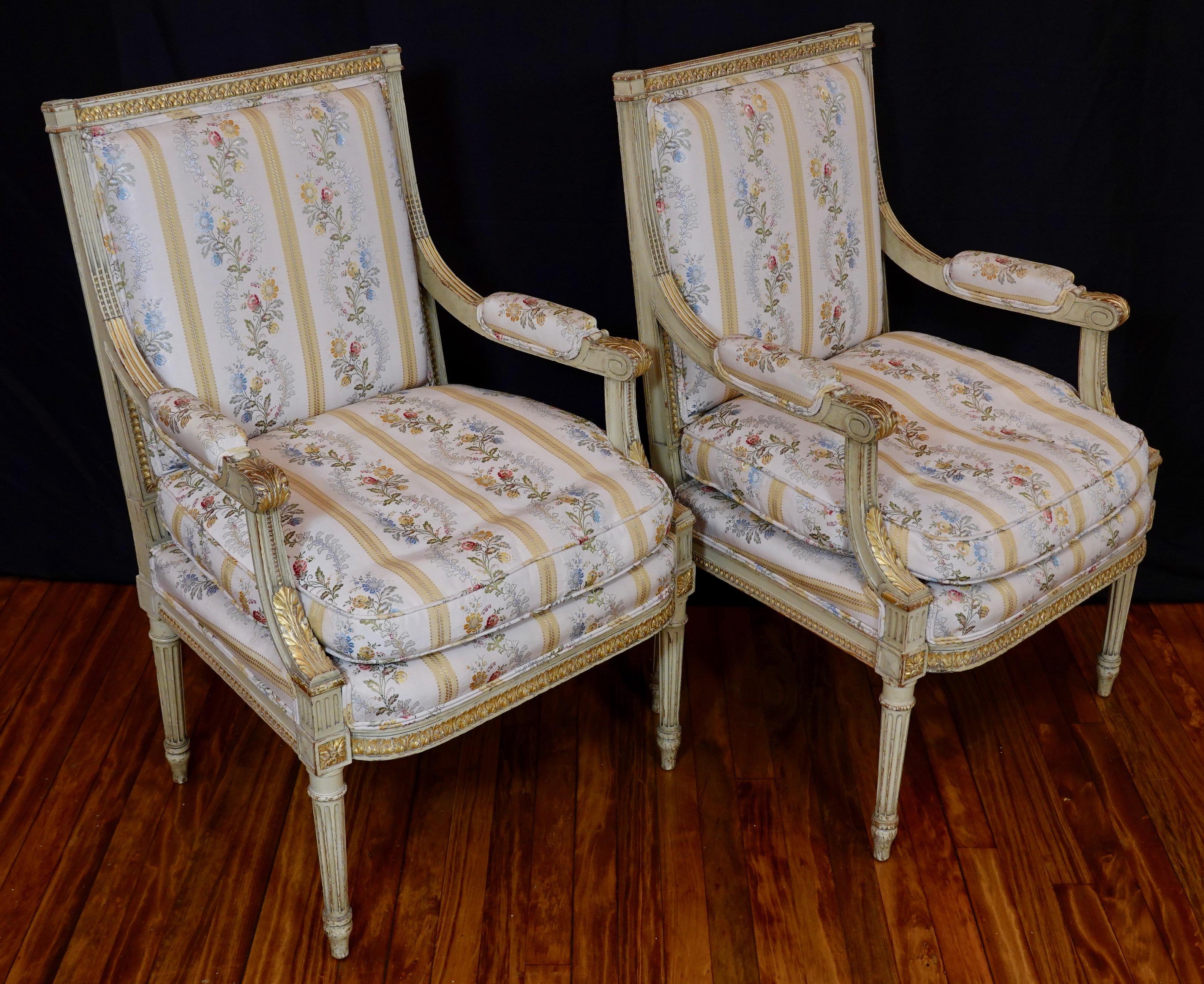 Gilt Pair of Louis XVI Style Fauteuils or Armchairs with Silk Lampas Fabric For Sale