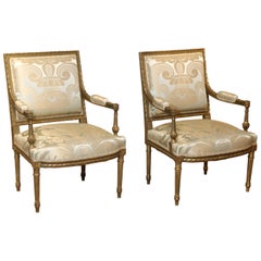 Pair of Louis XVI Style Fauteuils with Silk Upholstery, 19th Century