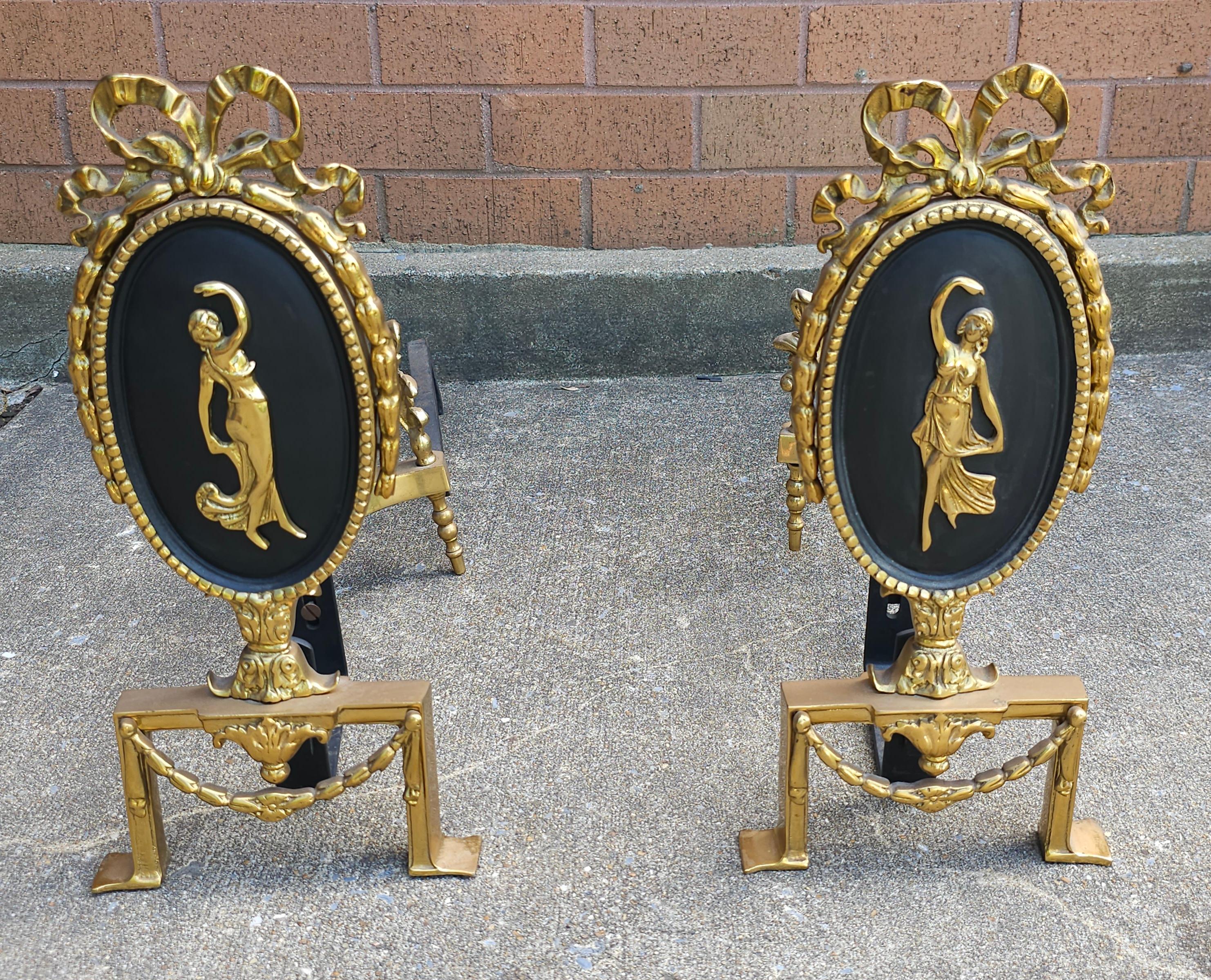 Pair of Louis XVI Style Figural Brass and Iron Ribbon Decorated  Andirons In Good Condition For Sale In Germantown, MD