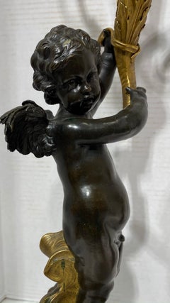 Pair of Louis XVI Style Figural Cherub Candelabras with Bleu Turquin Marble