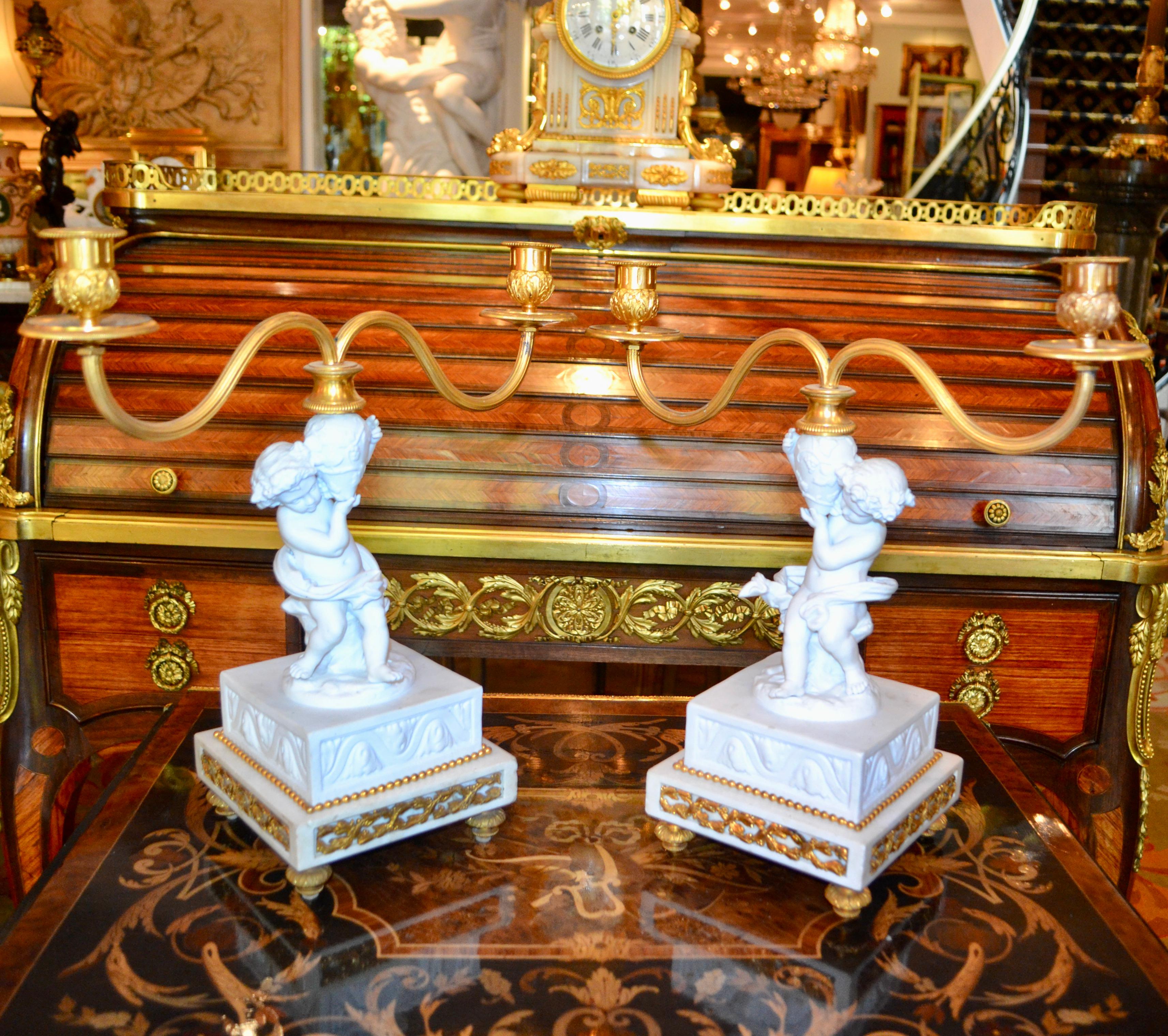 Pair of Louis XVI Style Figural White Bisque Candelabra For Sale 3
