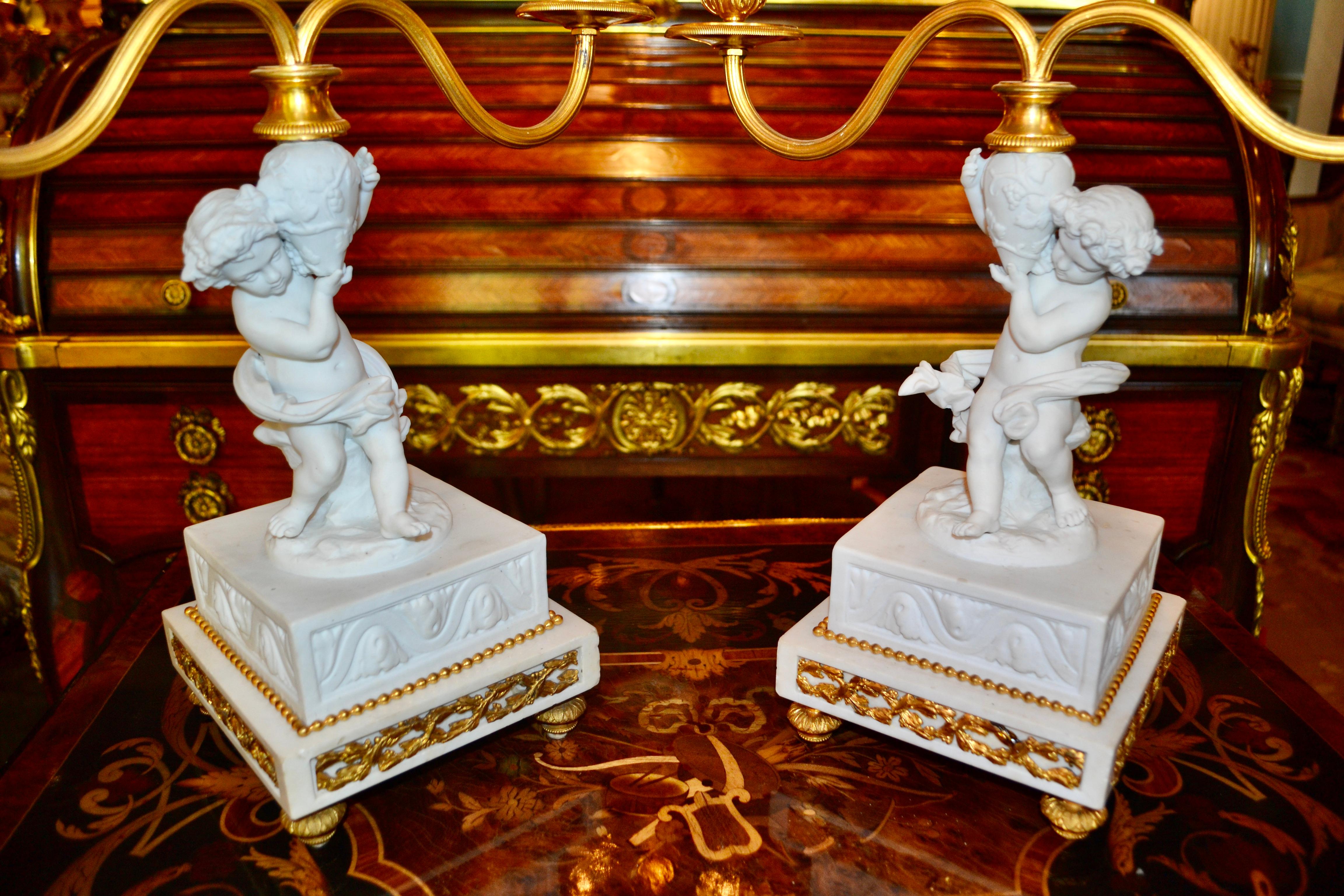 Pair of Louis XVI Style Figural White Bisque Candelabra For Sale 1