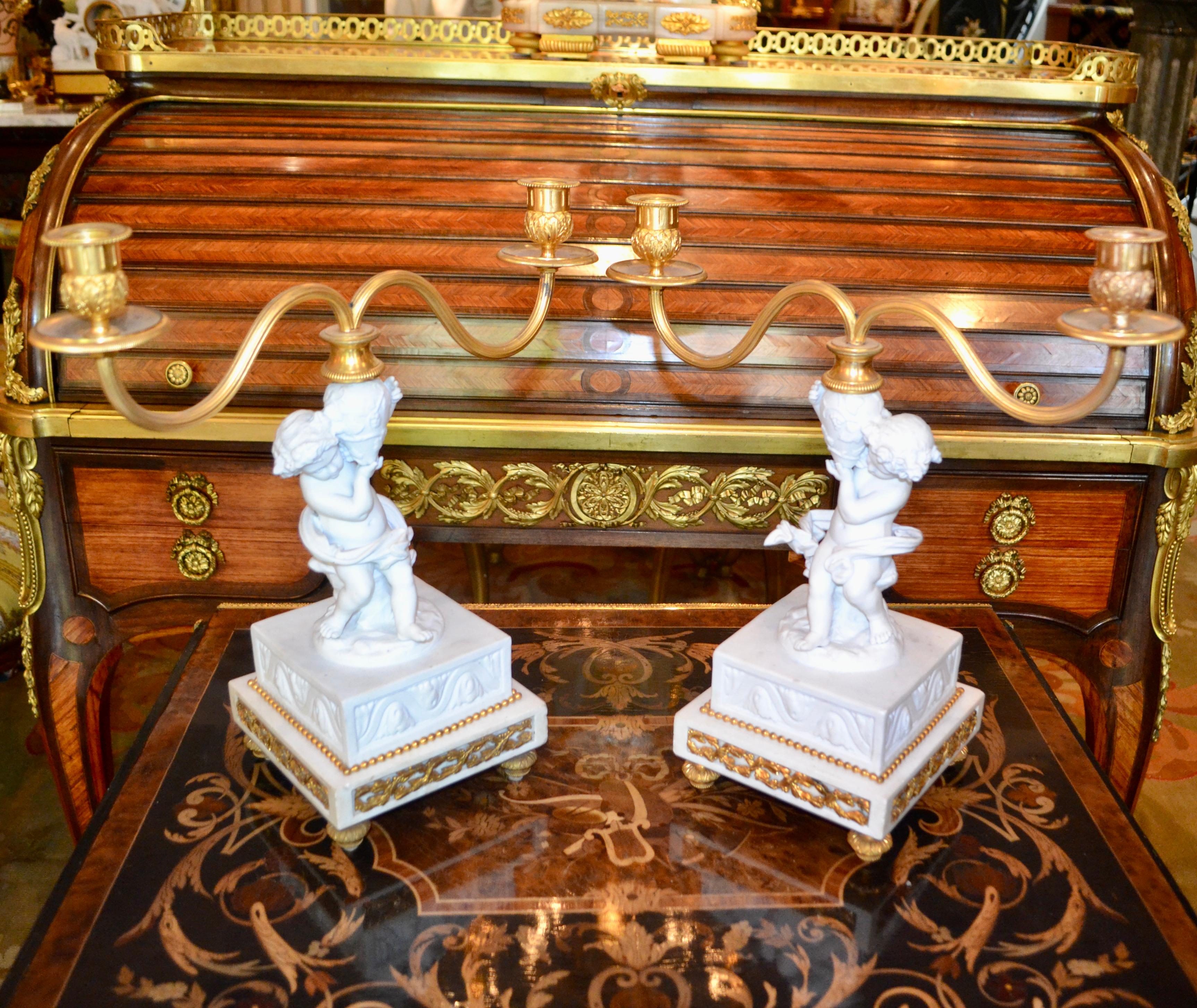 Pair of Louis XVI Style Figural White Bisque Candelabra For Sale 2