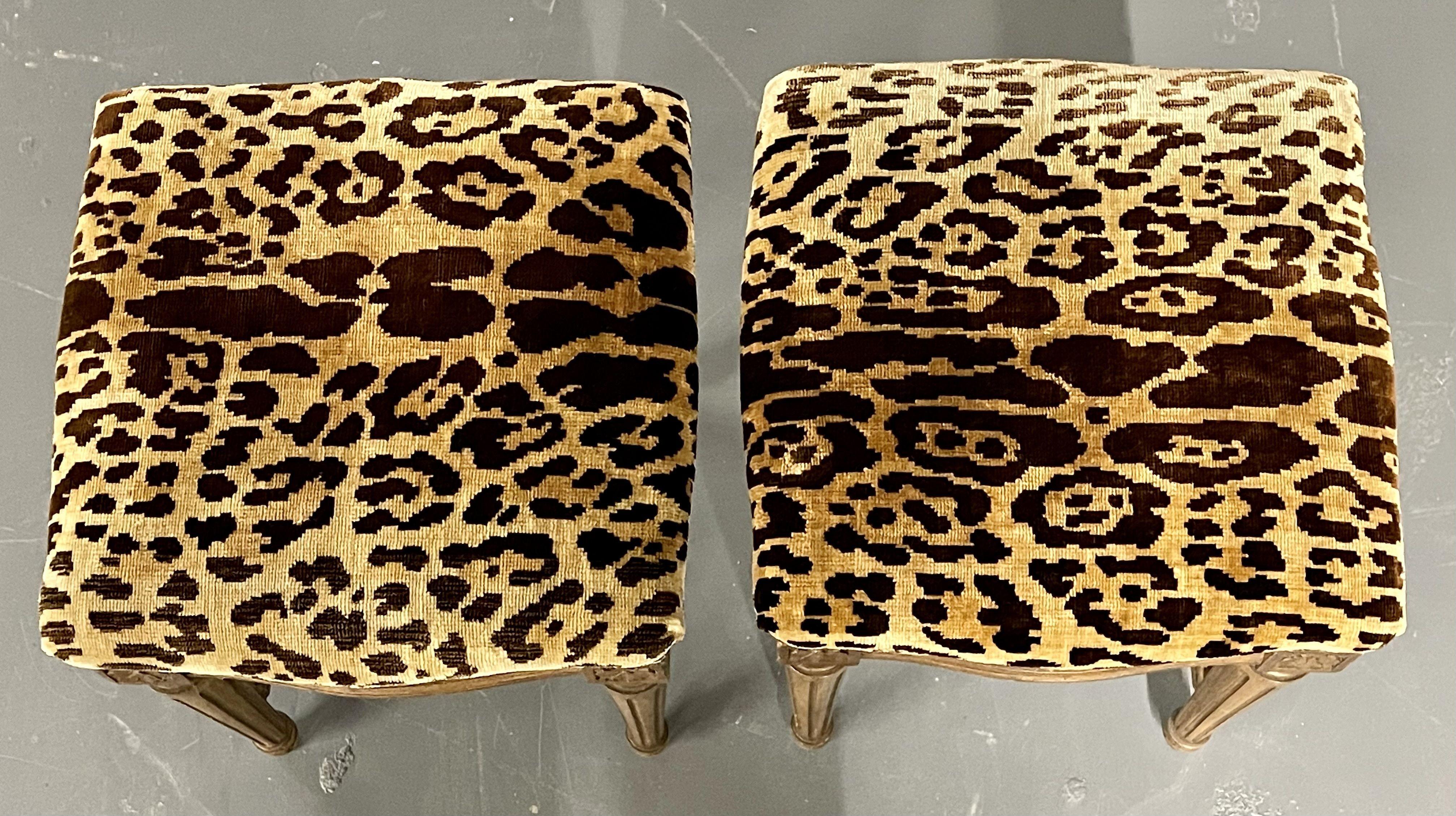 Faux Fur Pair of Louis XVI Style Foot Stools, Benches or Ottomans, Faux Leopard