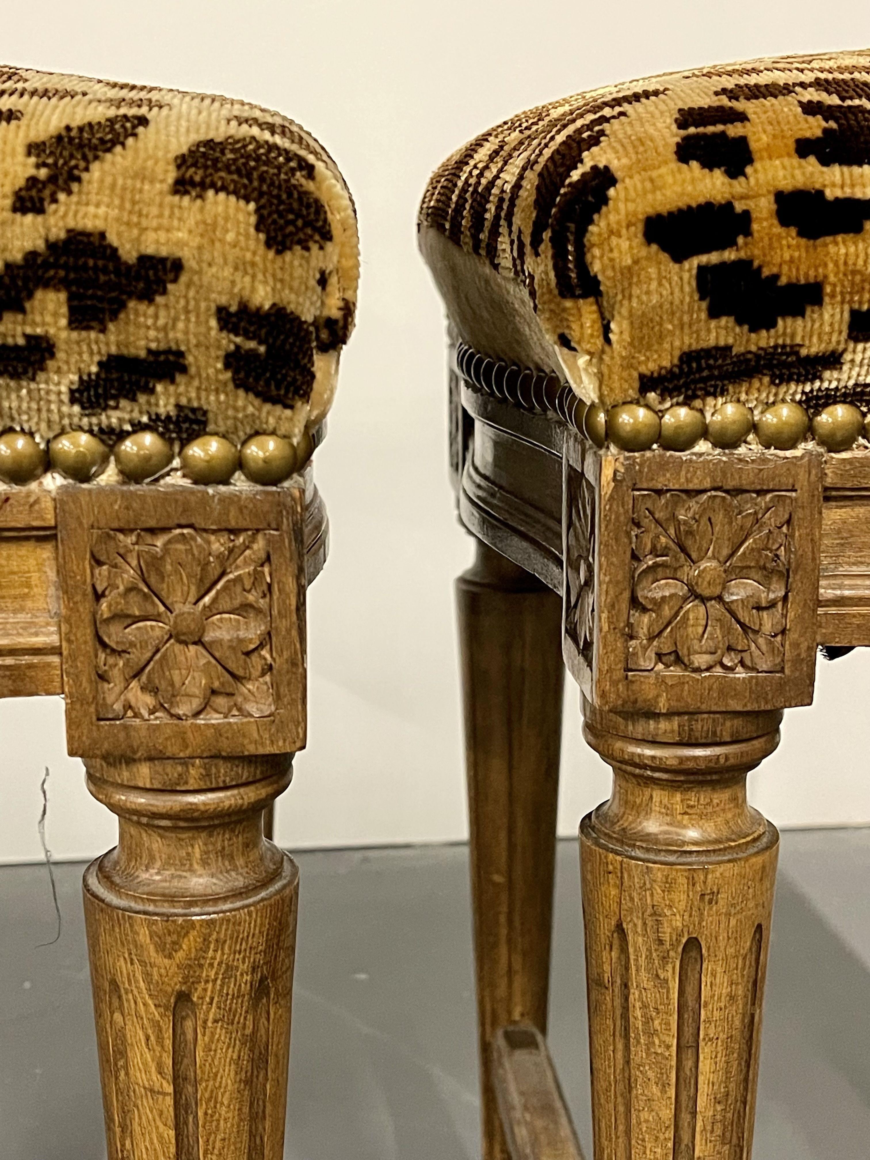 Pair of Louis XVI Style Foot Stools, Benches or Ottomans, Faux Leopard 3