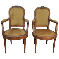 Pair of Louis XVI Style French Armchairs in Oak Fabric and Bronze, circa 1900