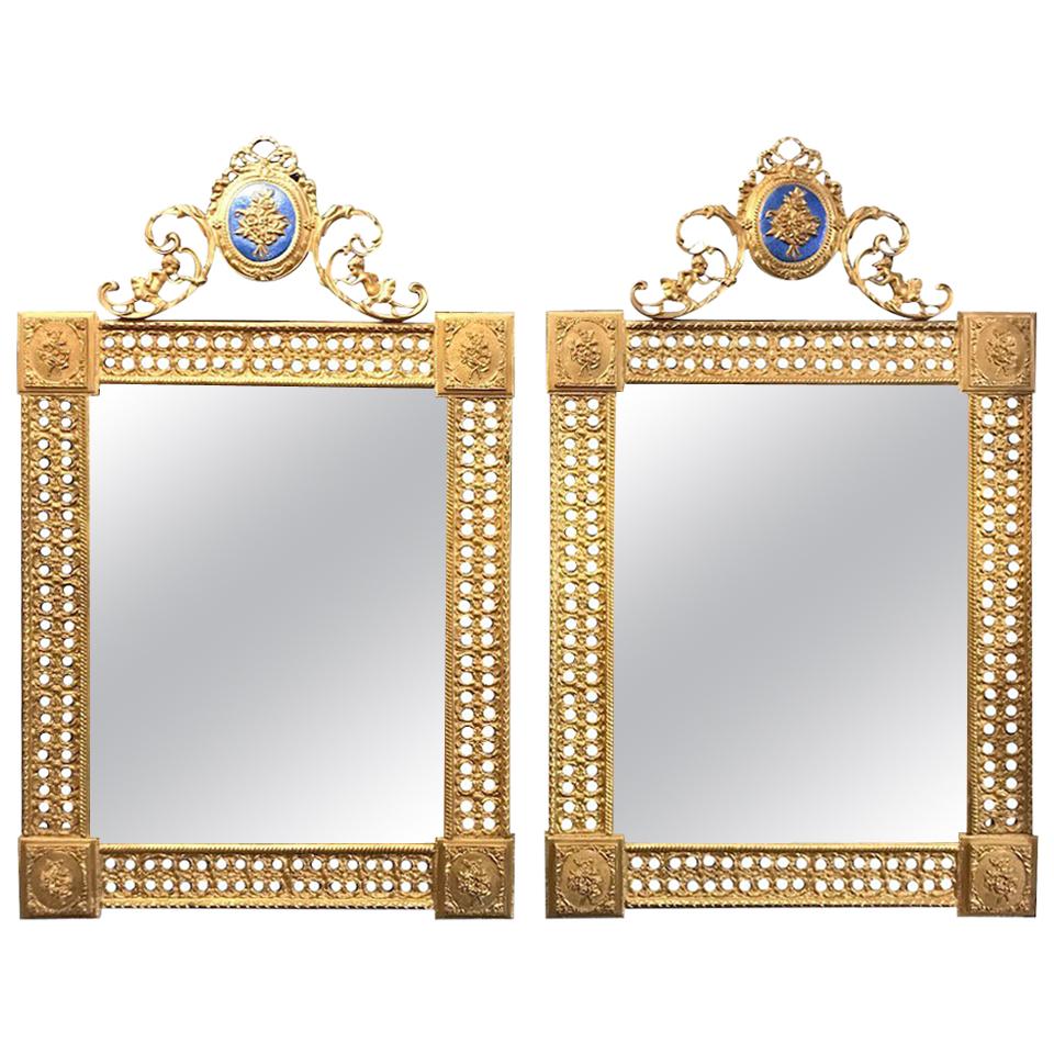Pair of Louis XVI Style French Gilt Bronze Amp Enamel Pierced Mirrors