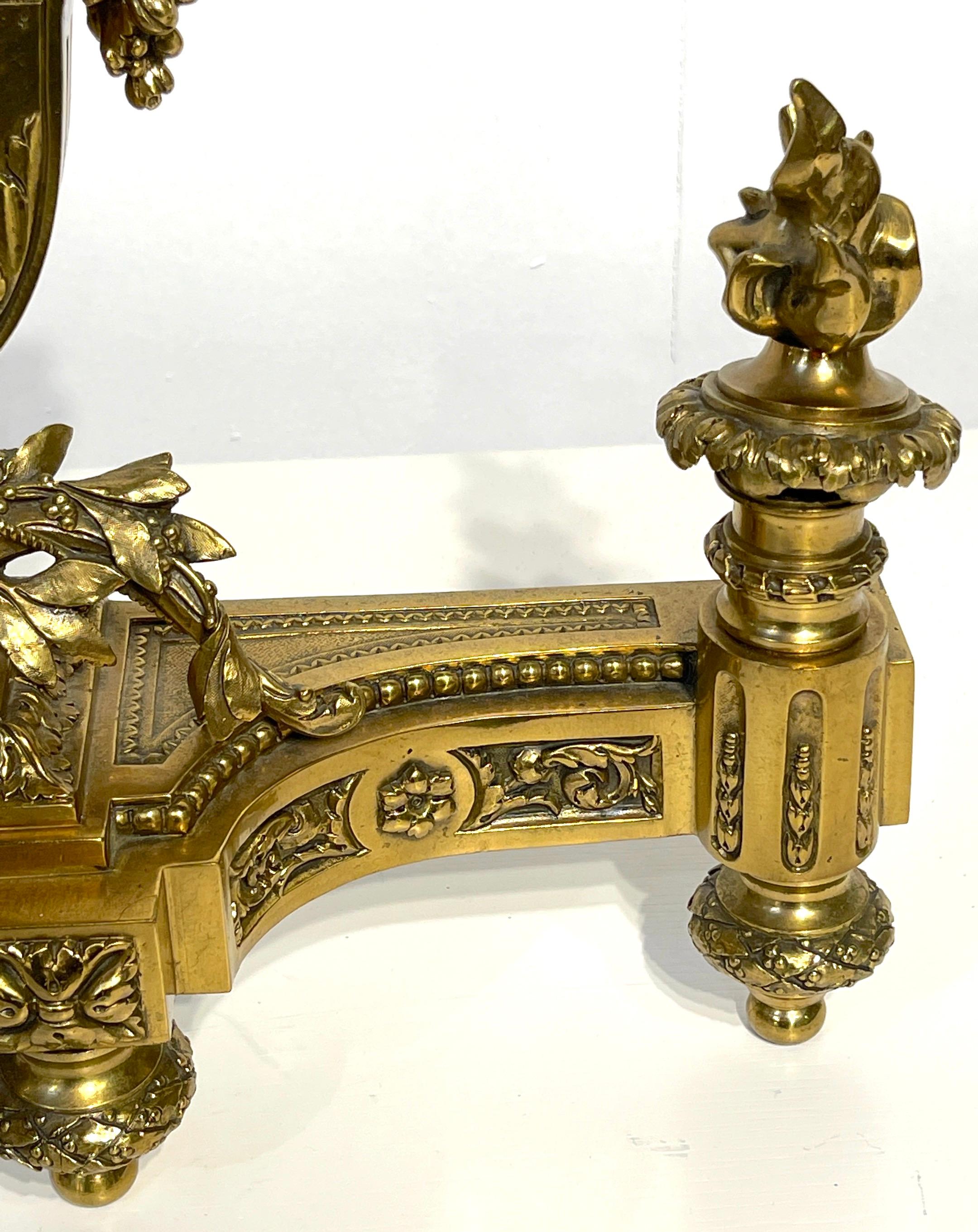 Pair of Louis XVI Style French Gilt Bronze Lyre Chenets/Andirons, Signed V.B. For Sale 6