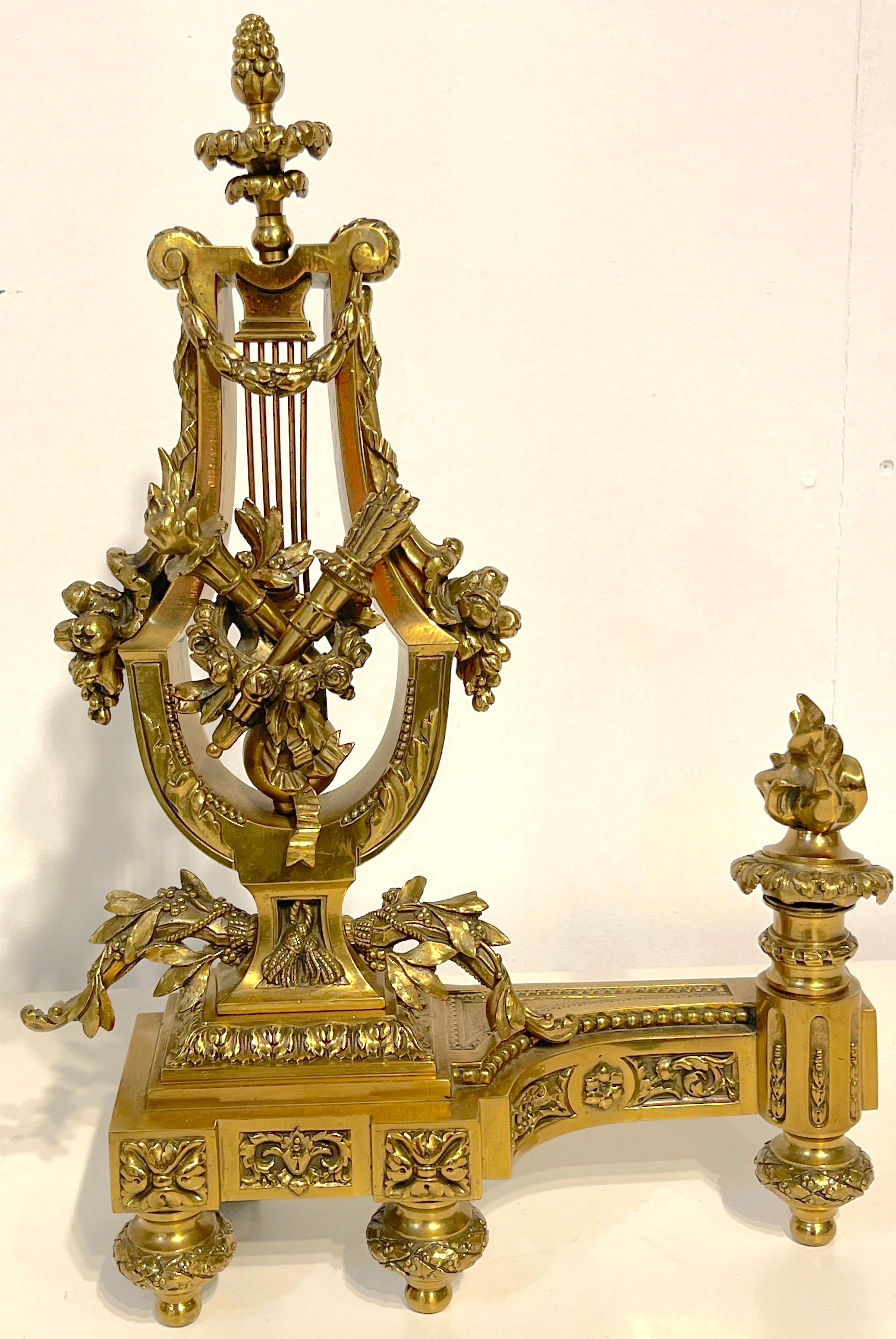 Pair of Louis XVI Style French Gilt Bronze Lyre Chenets/Andirons, Signed V.B. For Sale 7