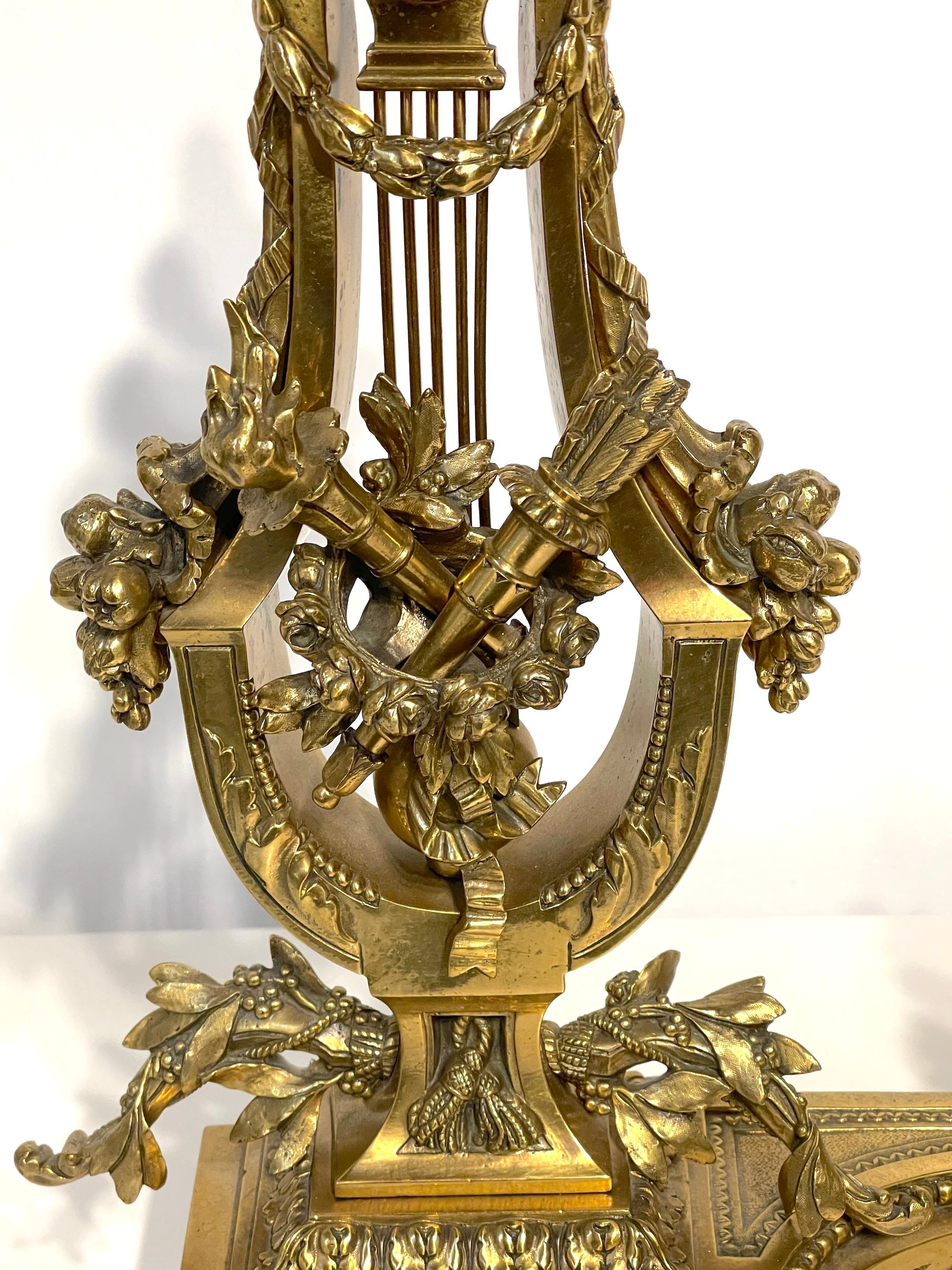 Pair of Louis XVI Style French Gilt Bronze Lyre Chenets/Andirons, Signed V.B. For Sale 8