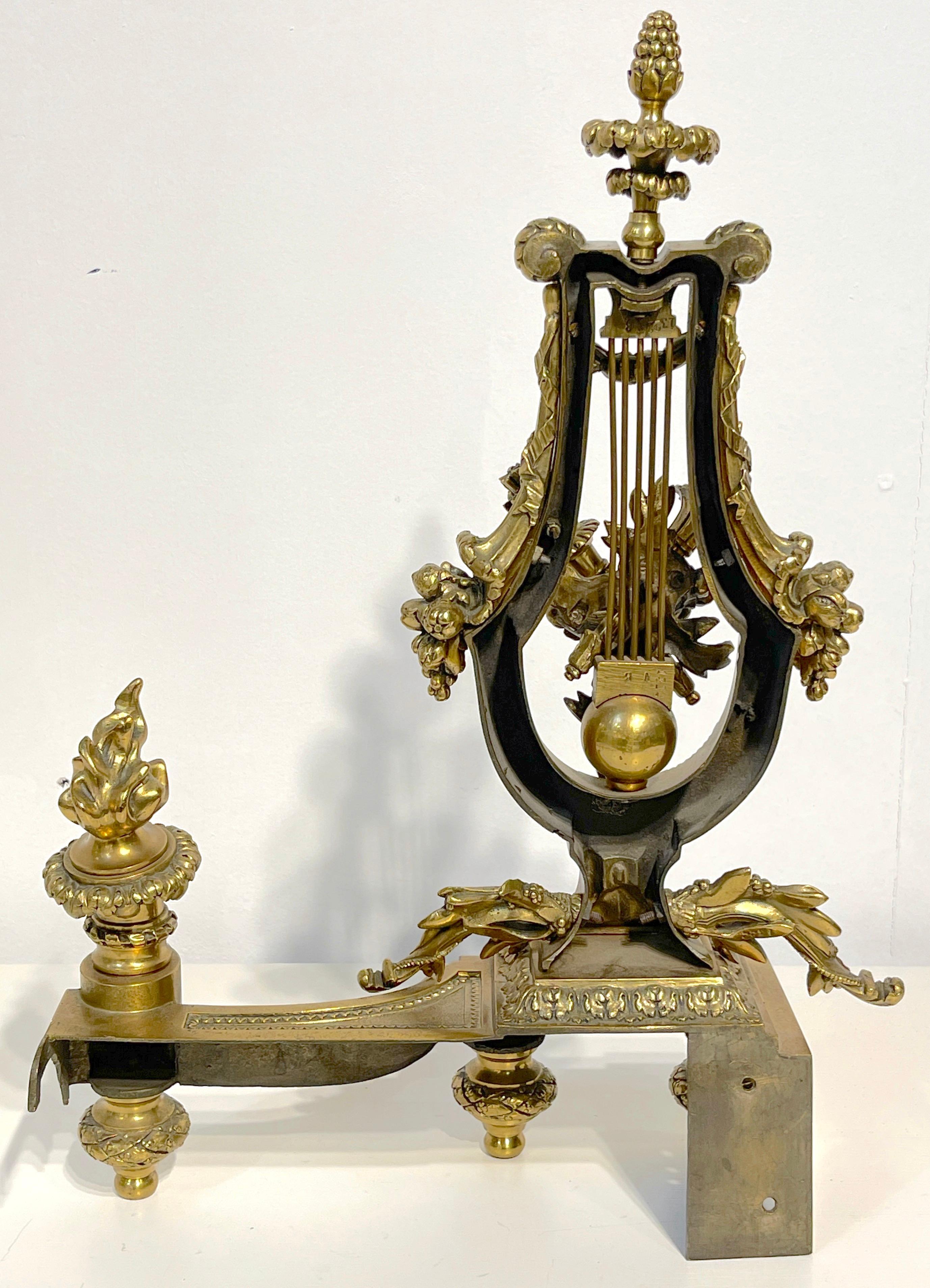 Pair of Louis XVI Style French Gilt Bronze Lyre Chenets/Andirons, Signed V.B. For Sale 9