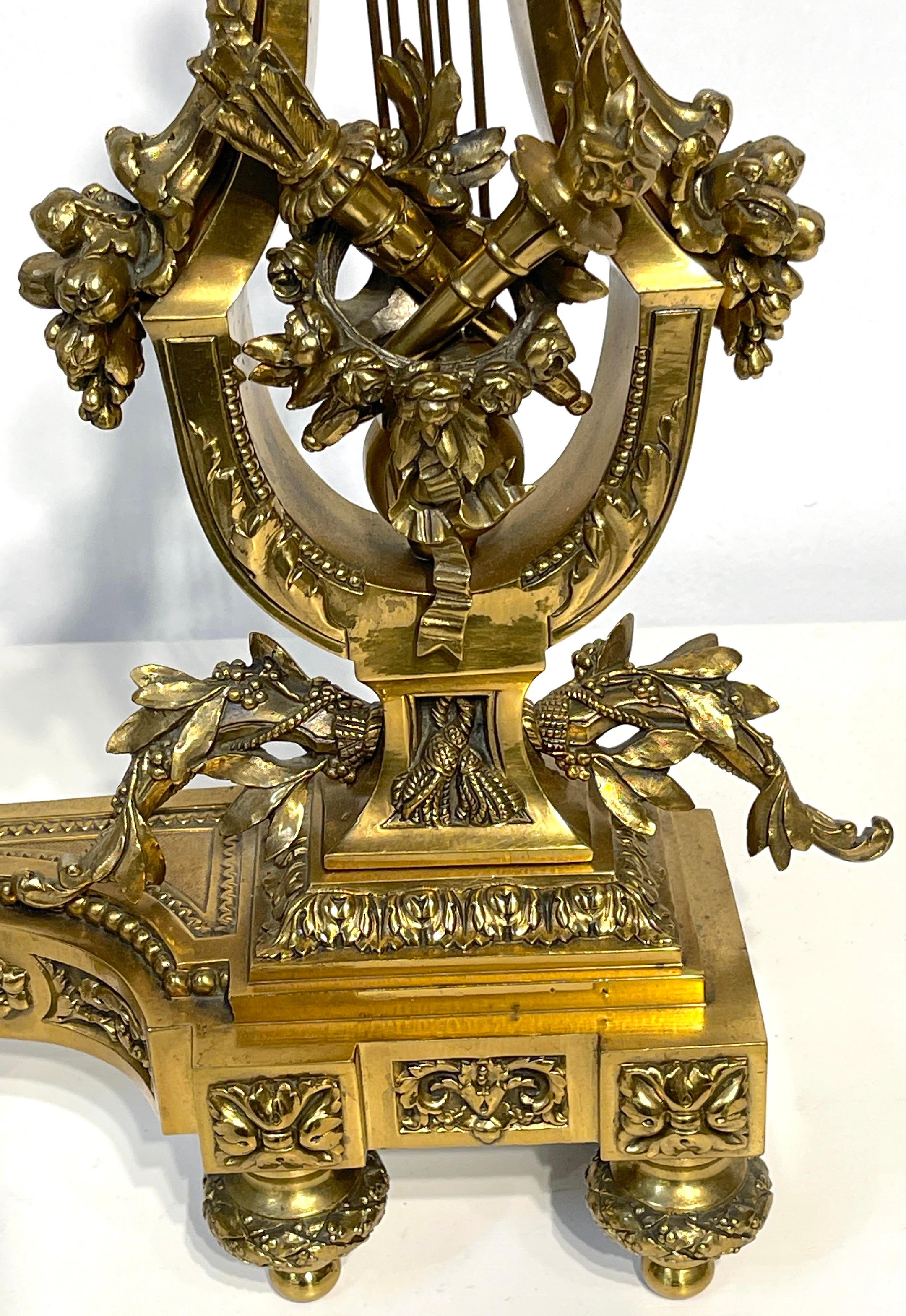 Pair of Louis XVI Style French Gilt Bronze Lyre Chenets/Andirons, Signed V.B. For Sale 12