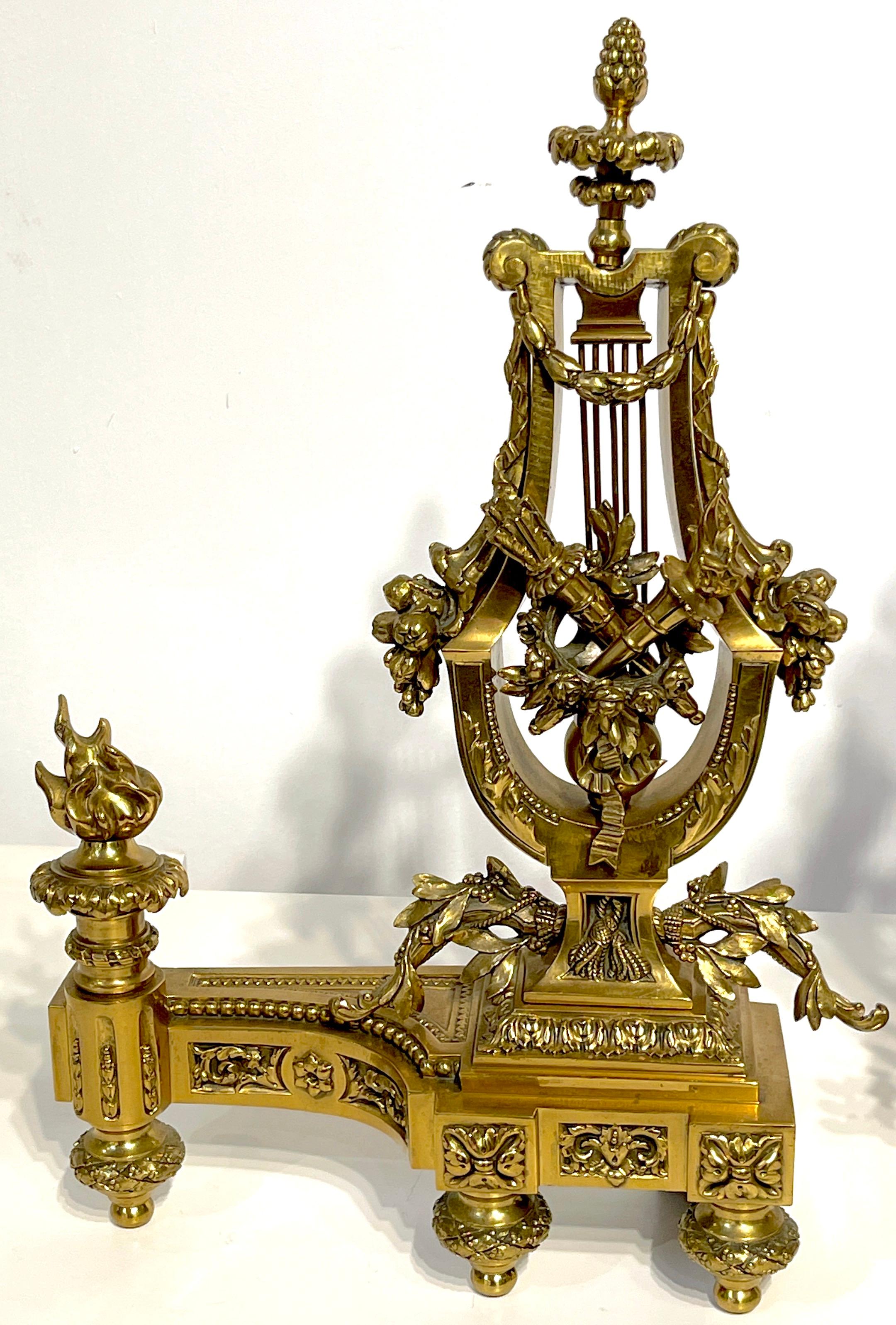 Pair of Louis XVI Style French Gilt Bronze Lyre Chenets/Andirons, Signed V.B. In Good Condition For Sale In West Palm Beach, FL