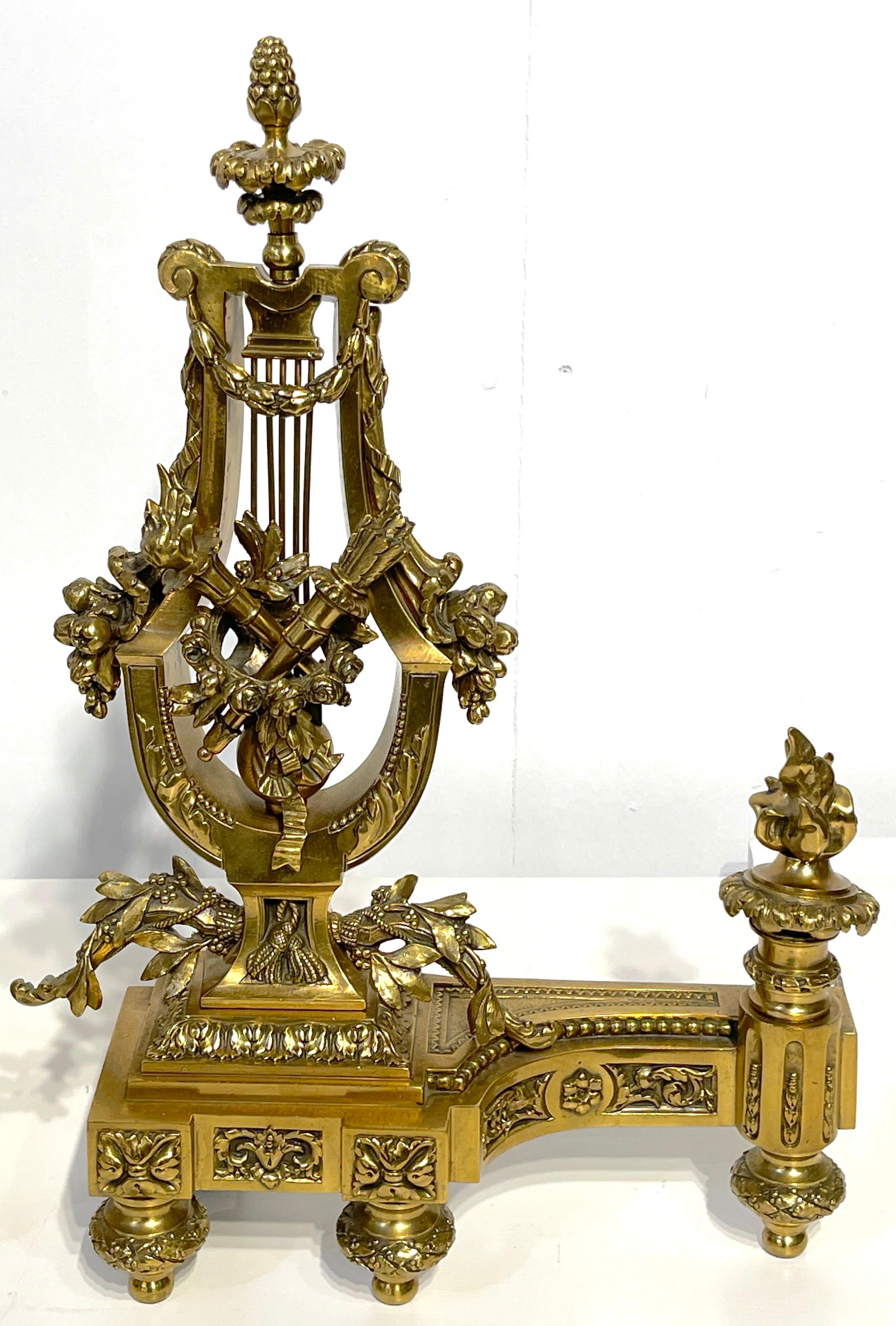 19th Century Pair of Louis XVI Style French Gilt Bronze Lyre Chenets/Andirons, Signed V.B. For Sale