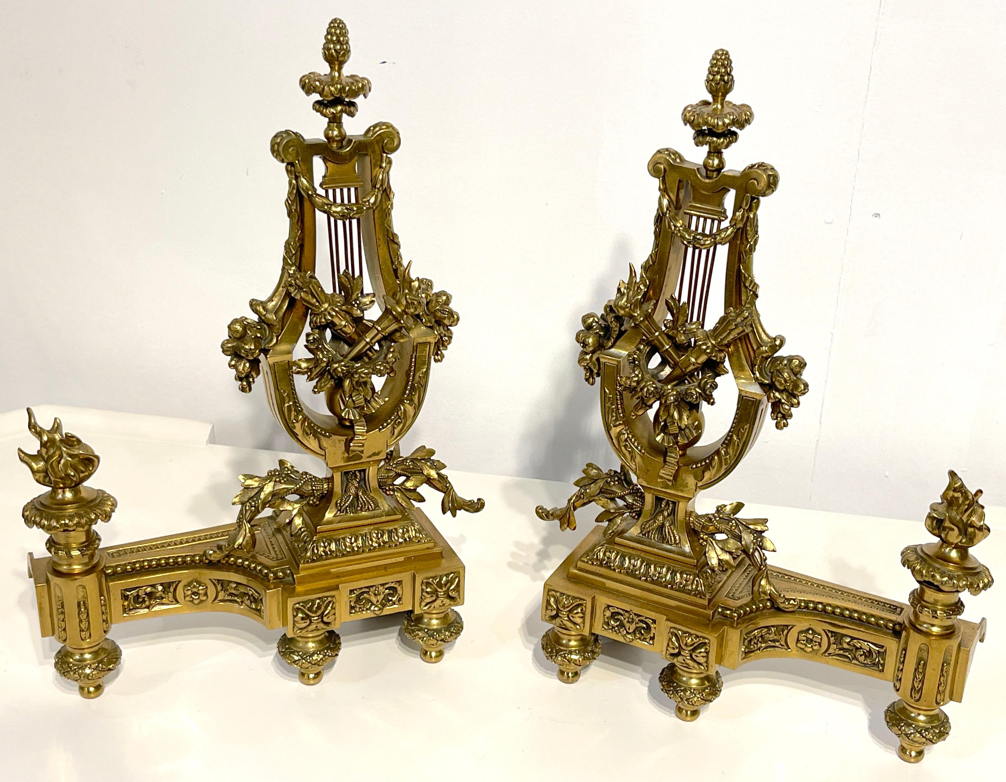 Pair of Louis XVI Style French Gilt Bronze Lyre Chenets/Andirons, Signed V.B. For Sale 1
