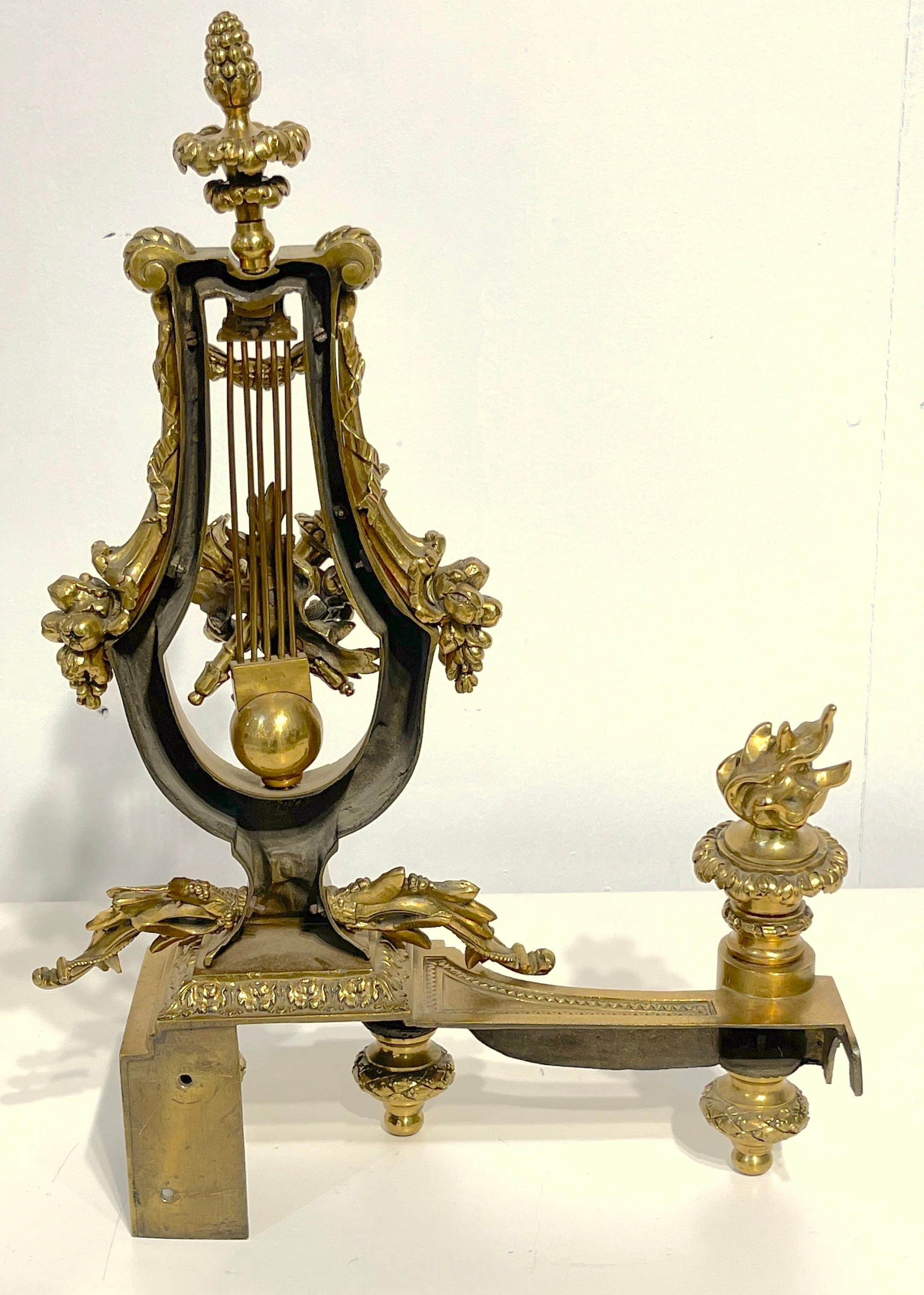 Pair of Louis XVI Style French Gilt Bronze Lyre Chenets/Andirons, Signed V.B. For Sale 2