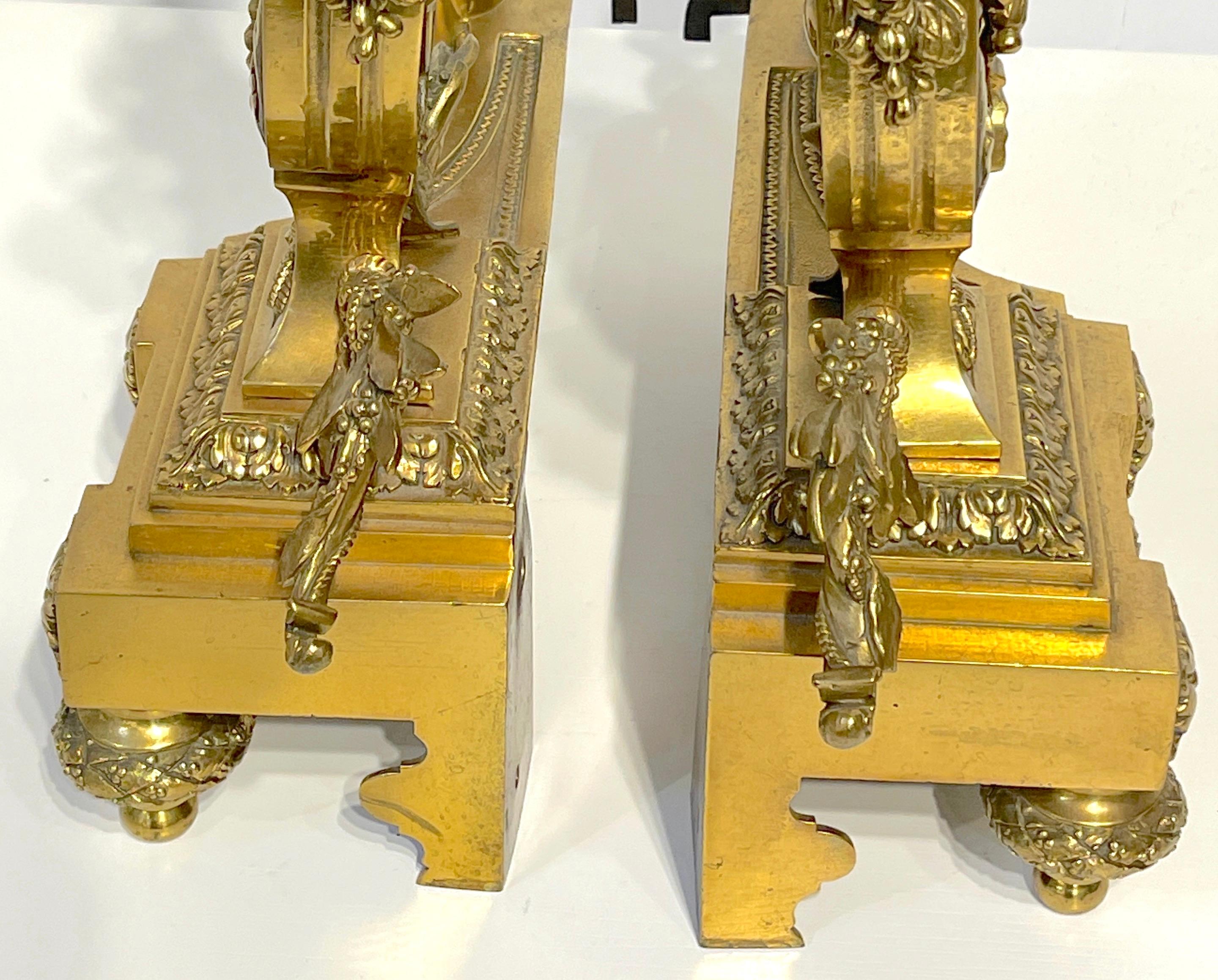 Pair of Louis XVI Style French Gilt Bronze Lyre Chenets/Andirons, Signed V.B. For Sale 3