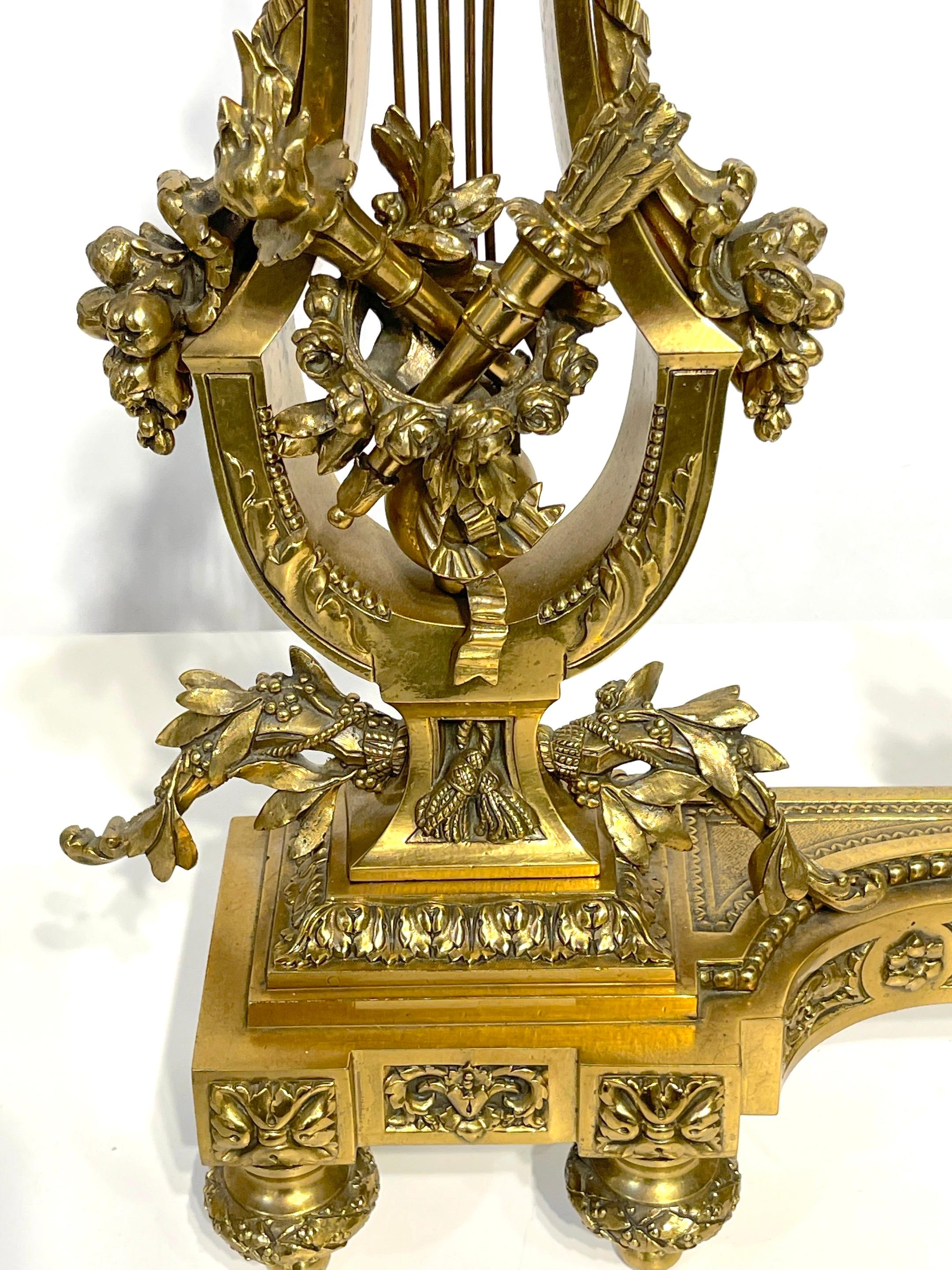 Pair of Louis XVI Style French Gilt Bronze Lyre Chenets/Andirons, Signed V.B. For Sale 4