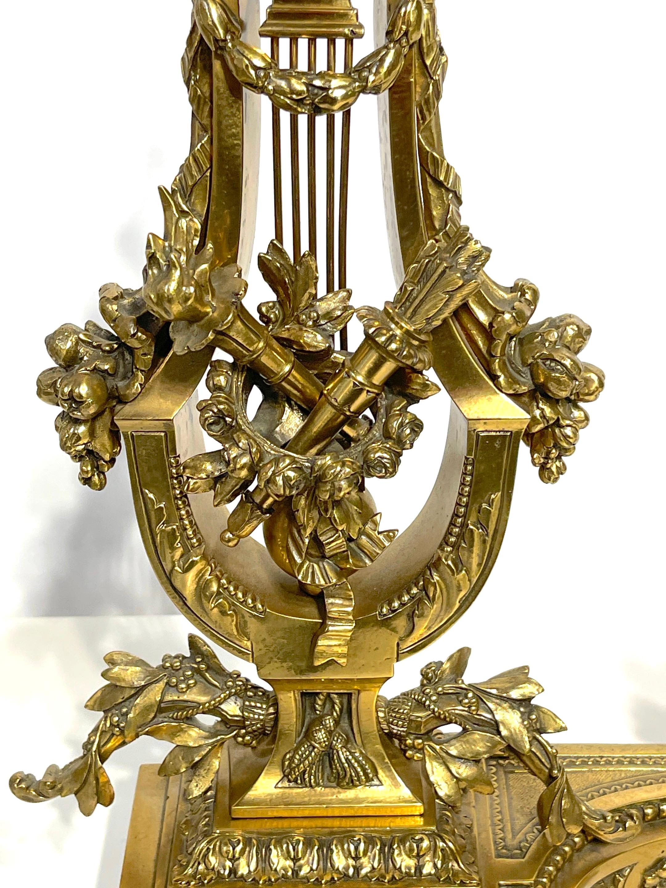 Pair of Louis XVI Style French Gilt Bronze Lyre Chenets/Andirons, Signed V.B. For Sale 5