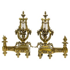 Pair of Louis XVI Style French Gilt Bronze Lyre Chenets/Andirons, Signed V.B.