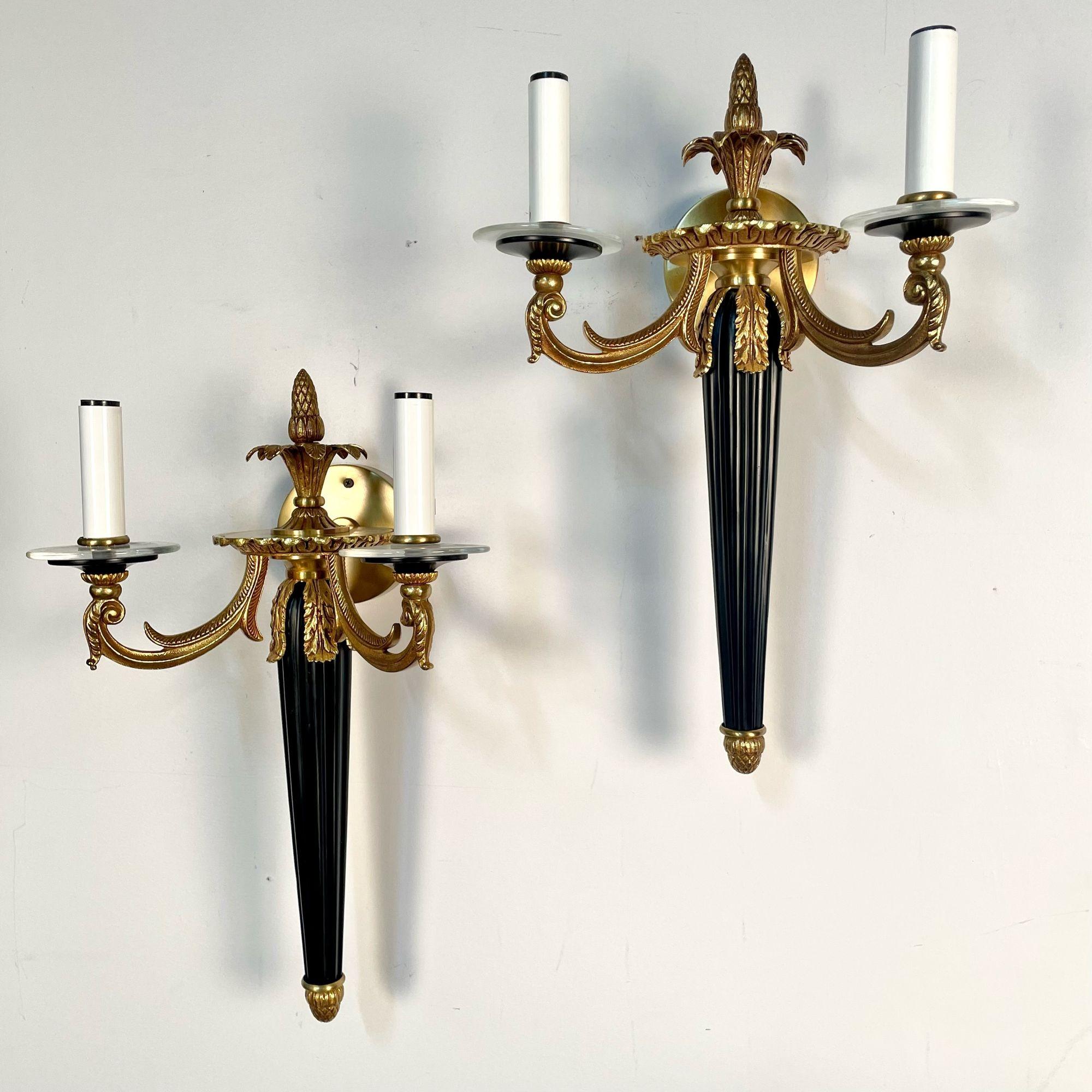 Pair Louis XVI Style French Sconces / Wall Lights, Ebony, Bronze, Maison Bagues For Sale 4