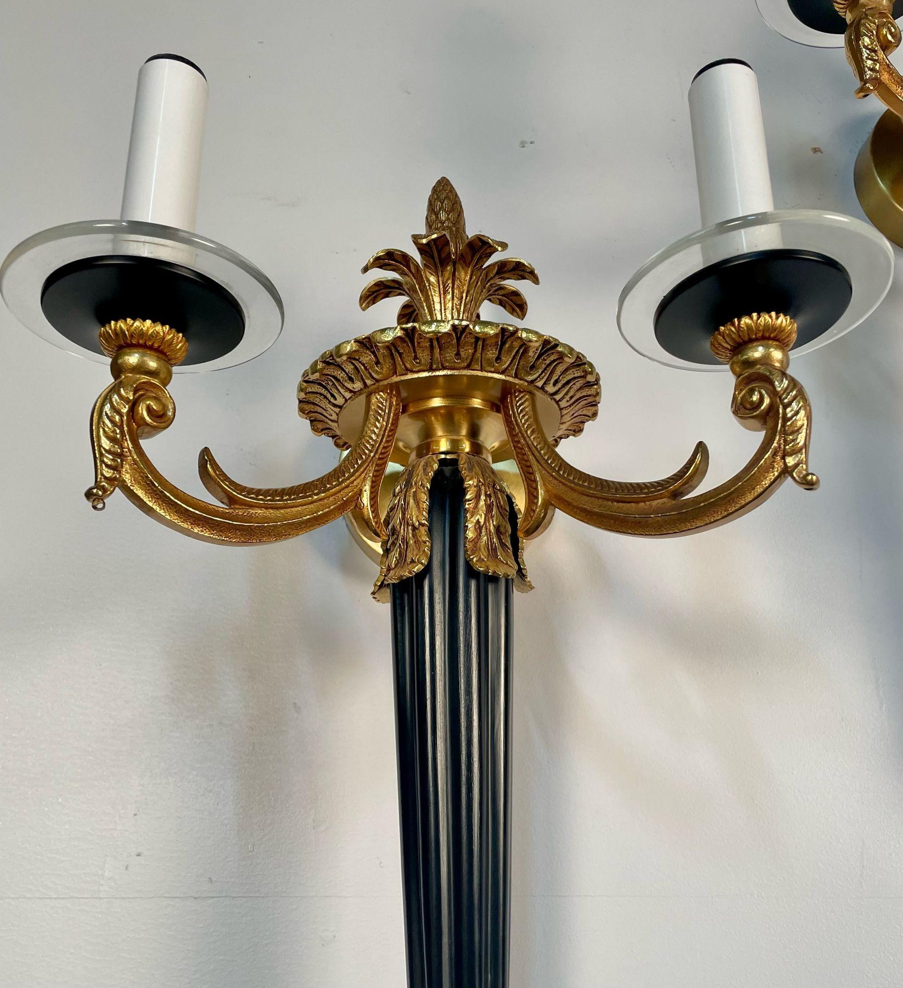 Pair Louis XVI Style French Sconces / Wall Lights, Ebony, Bronze, Maison Bagues For Sale 6