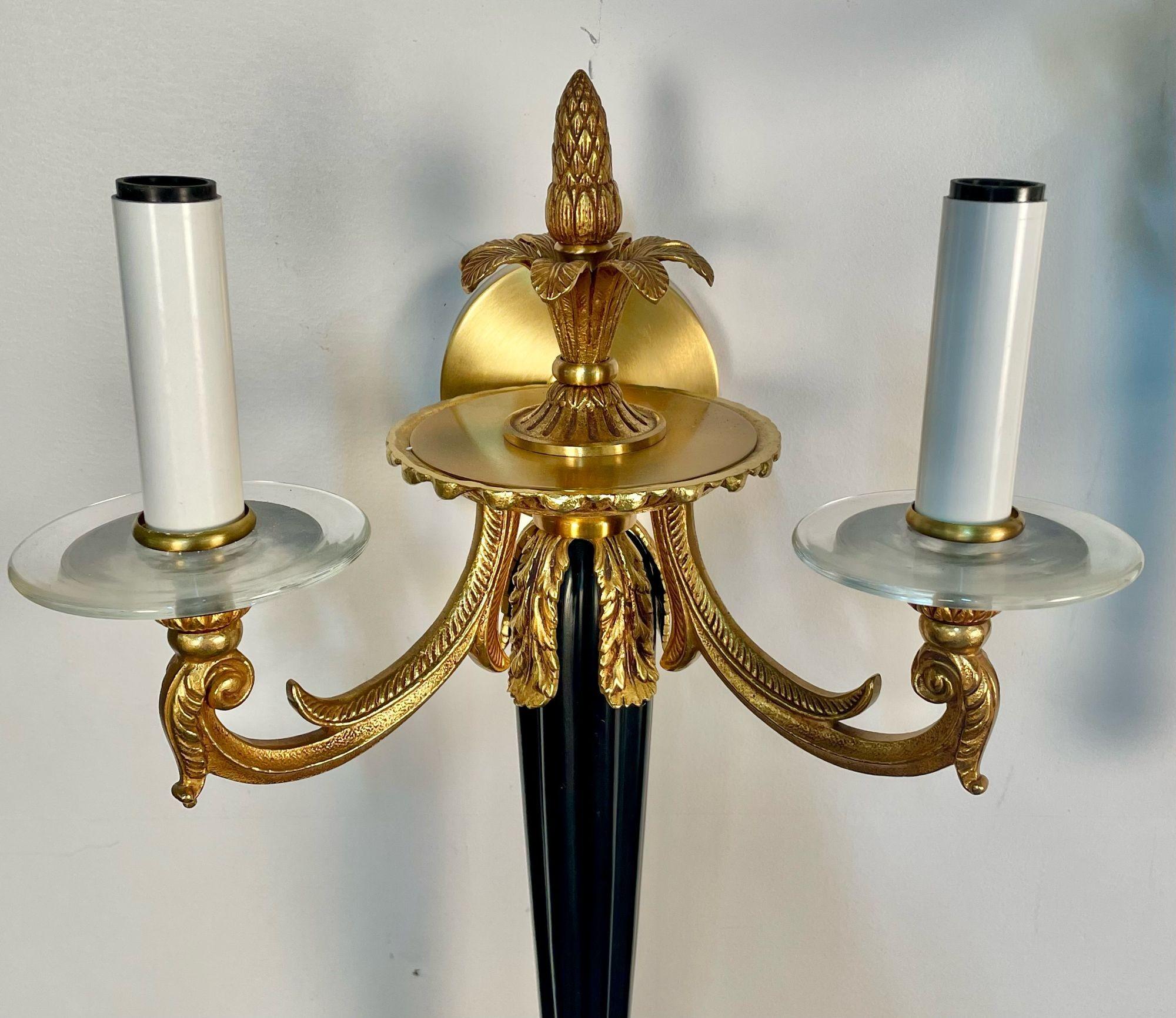 Pair Louis XVI Style French Sconces / Wall Lights, Ebony, Bronze, Maison Bagues For Sale 7