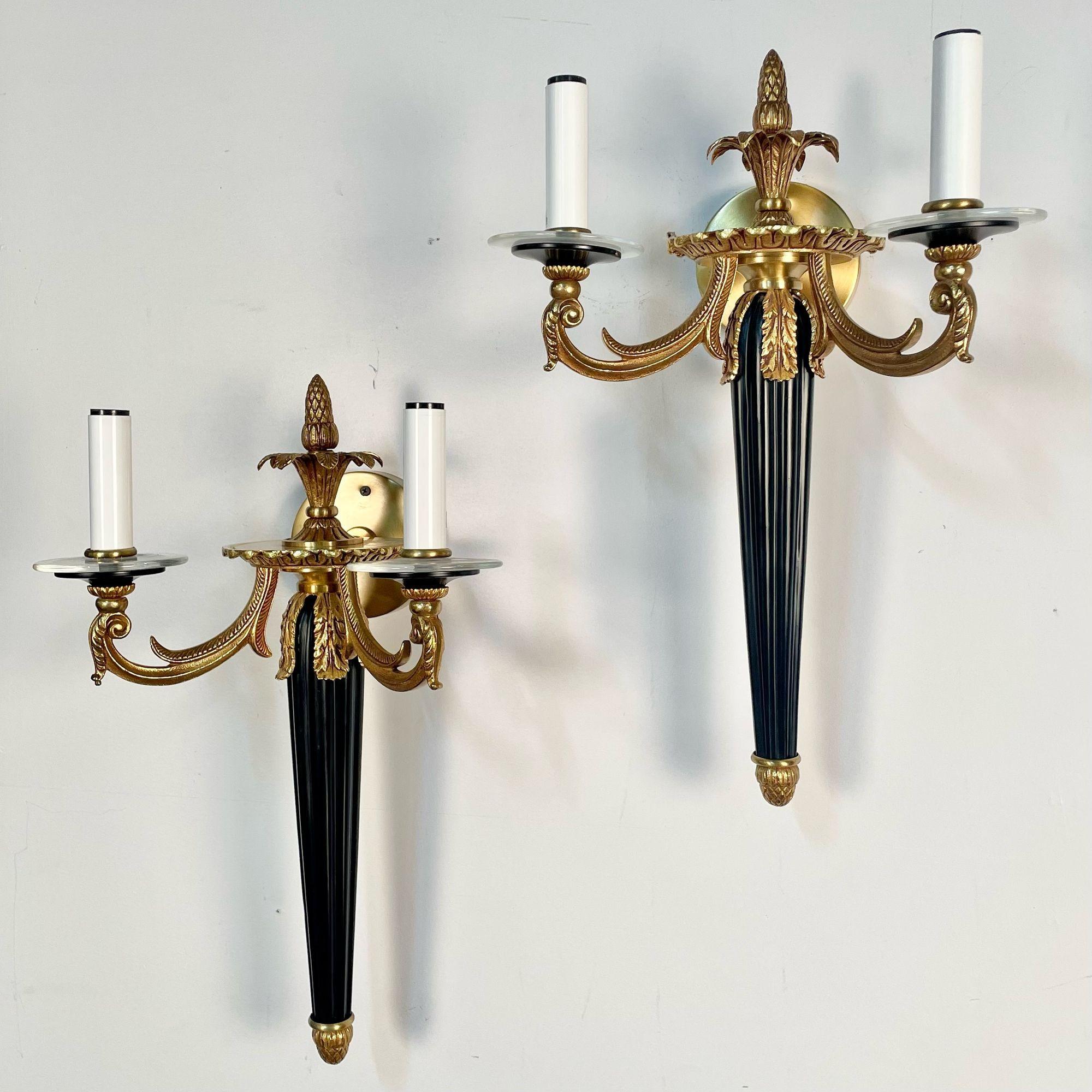 Pair Louis XVI Style French Sconces / Wall Lights, Ebony, Bronze, Maison Bagues In Good Condition For Sale In Stamford, CT