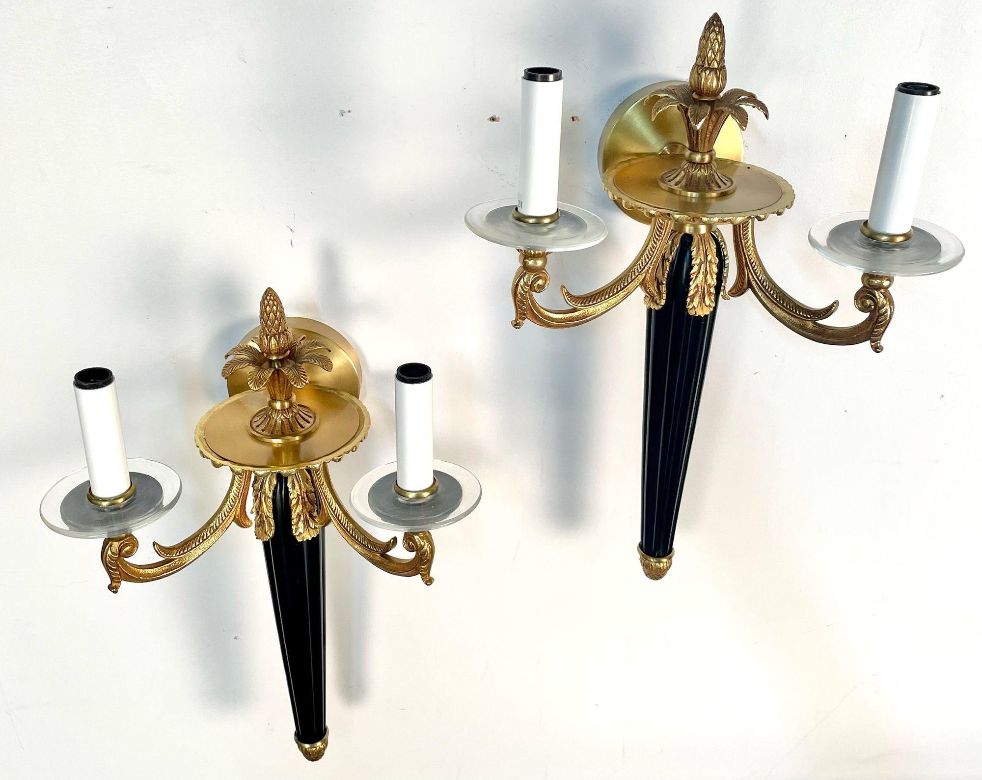 20th Century Pair Louis XVI Style French Sconces / Wall Lights, Ebony, Bronze, Maison Bagues For Sale