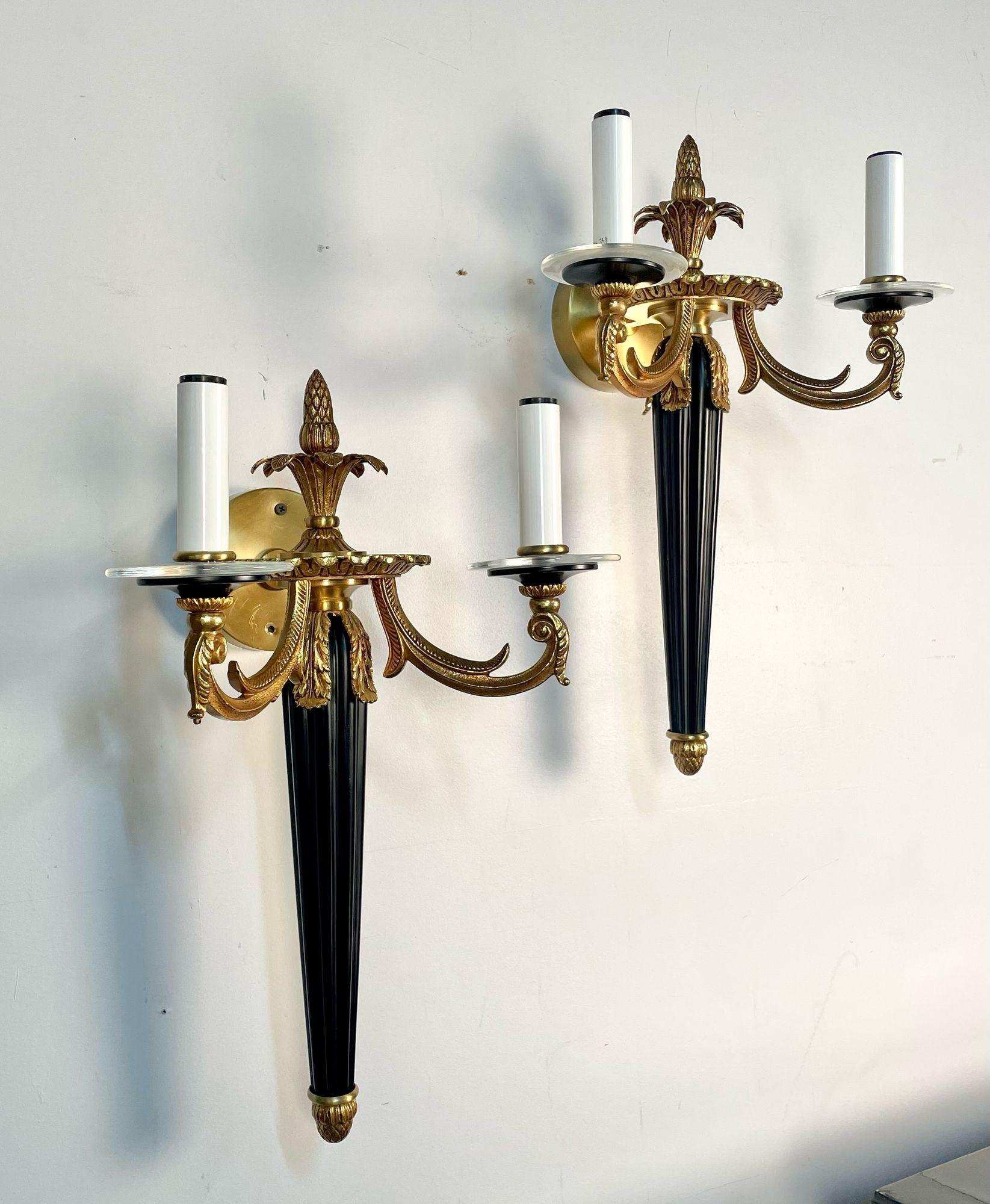 Metal Pair Louis XVI Style French Sconces / Wall Lights, Ebony, Bronze, Maison Bagues For Sale