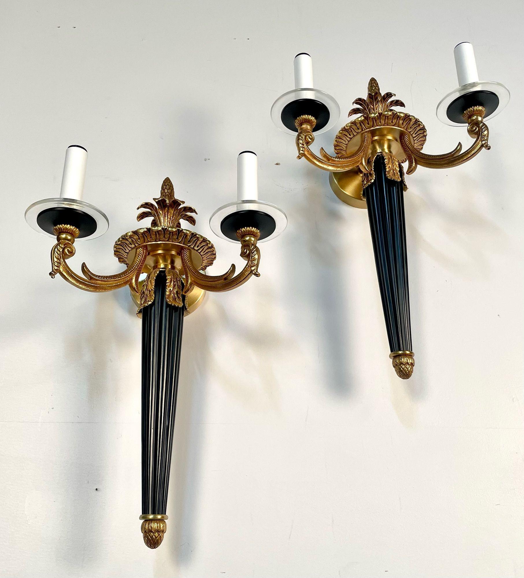 Pair Louis XVI Style French Sconces / Wall Lights, Ebony, Bronze, Maison Bagues For Sale 3