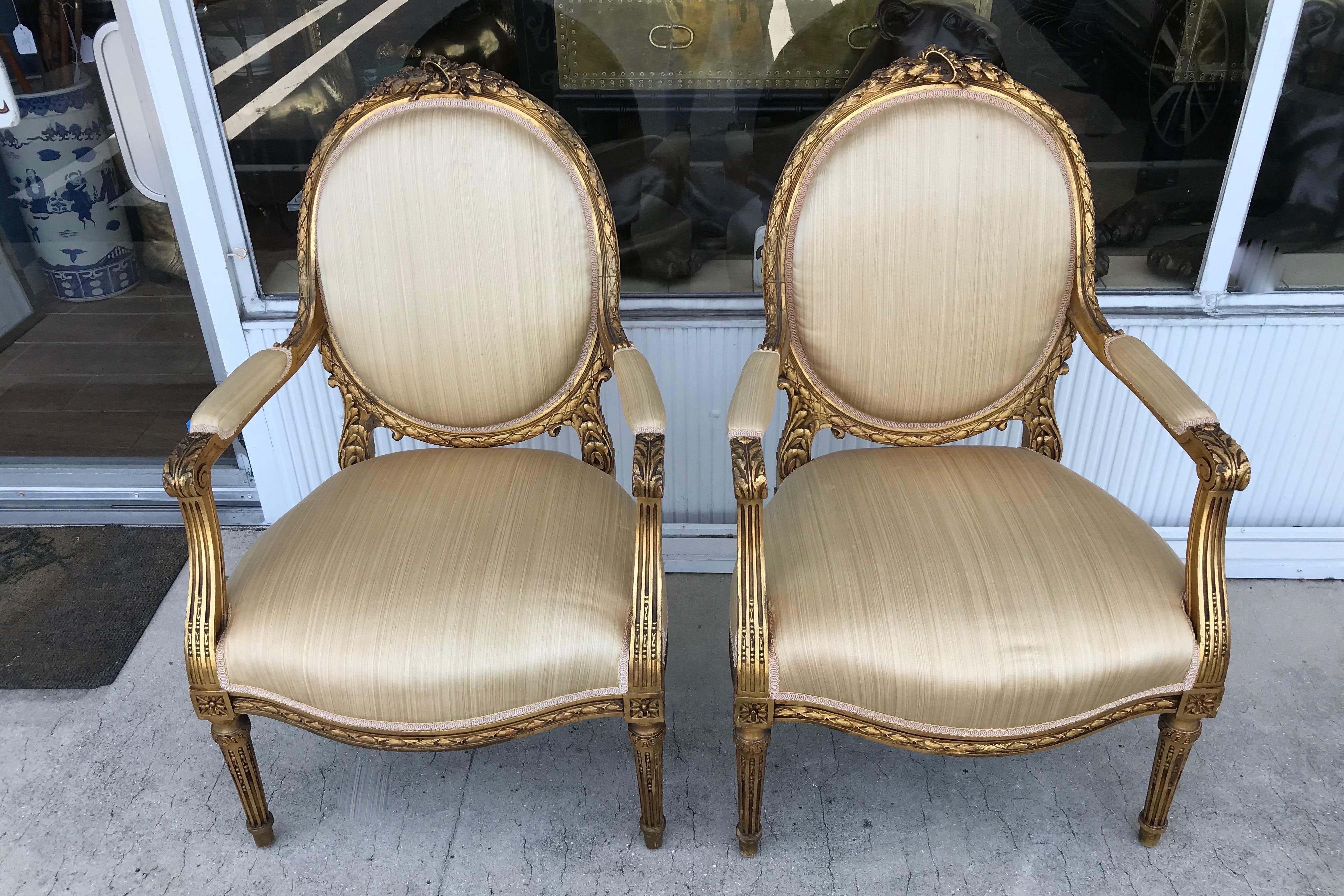 French Pair of Louis XVI Style Gilded Arm Chairs