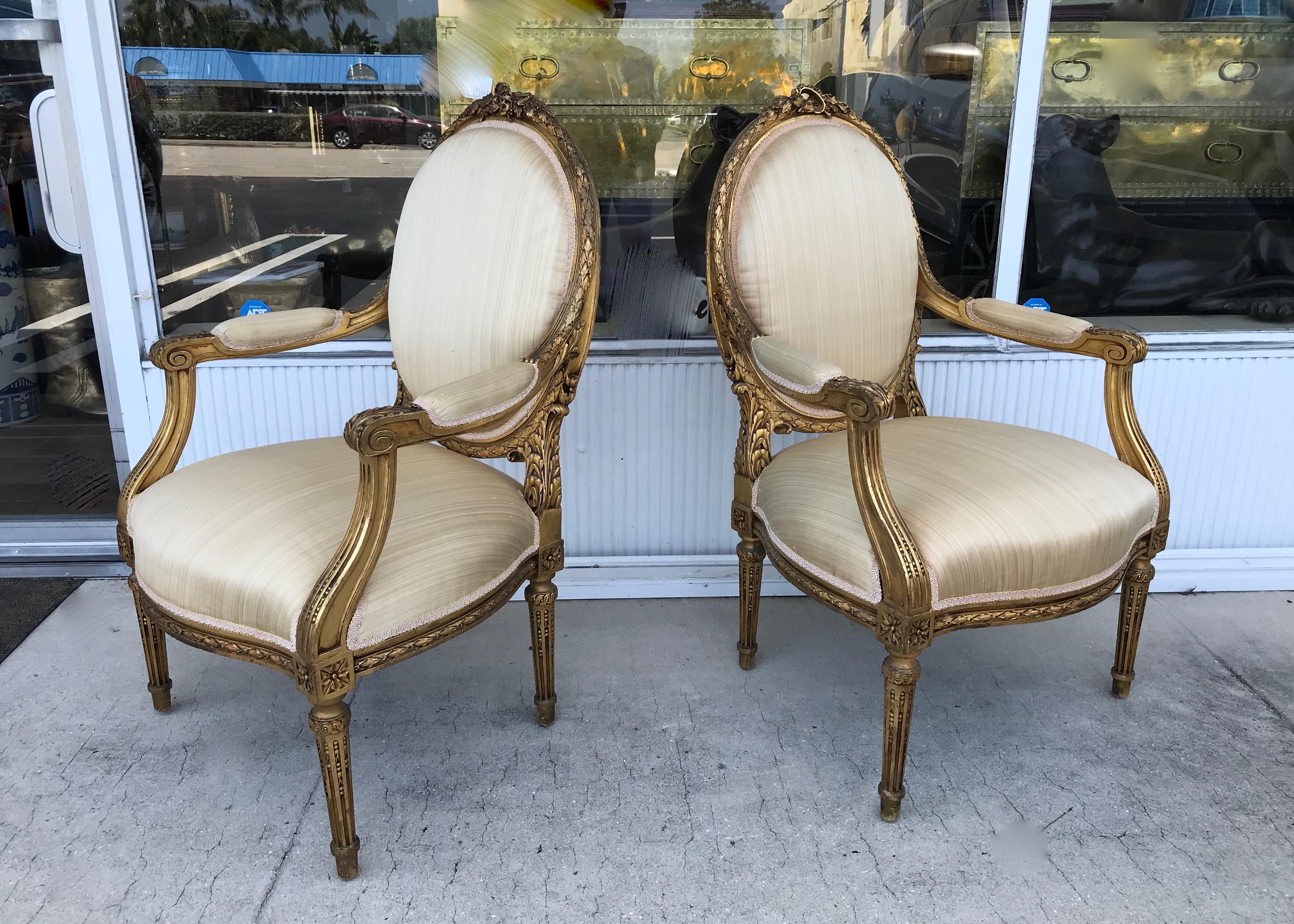 Silk Pair of Louis XVI Style Gilded Arm Chairs