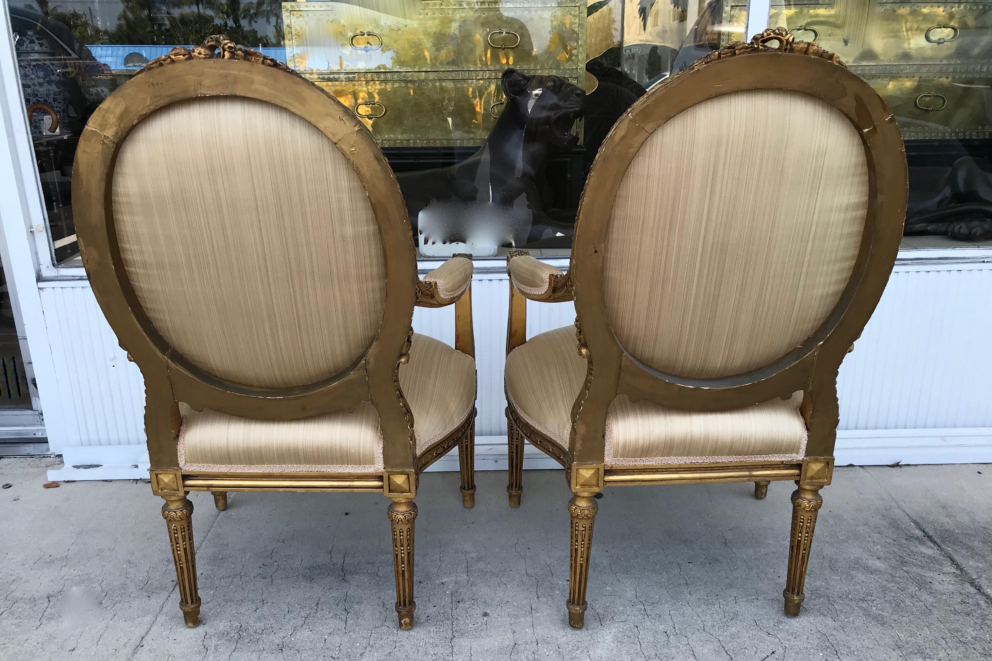 Pair of Louis XVI Style Gilded Arm Chairs 1
