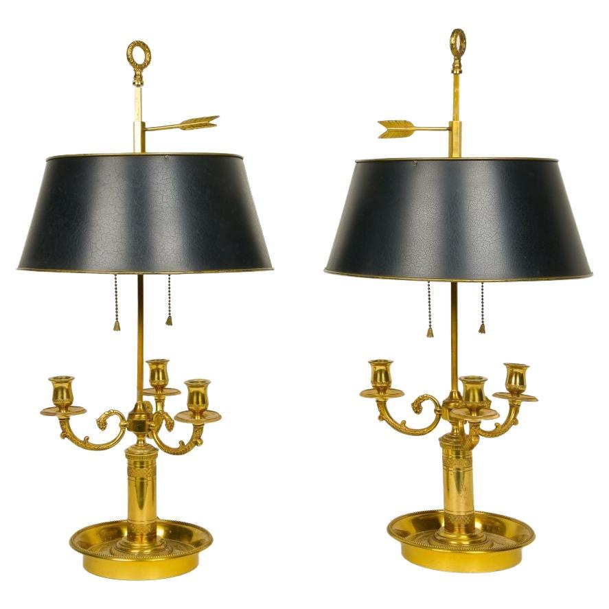 Pair of Louis XVI Style Gilded Bronze Bouillotte Lamps with Black Tôle Shades For Sale