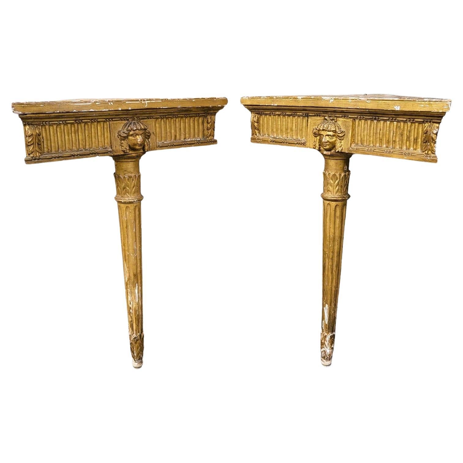 Pair Of Louis XVI Style Gilded Wood Corner Consoles For Sale